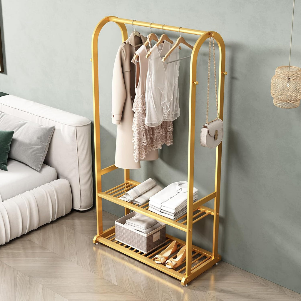 Gold Clothing Rack,Metal Garment Rack with Bottom Storage Shelves and 6 Side Hooks,modern Sturdy clothes racks for hanging clothes,Freestanding Wardrobe Rack for Bedroom or Boutique (L:31.5in)