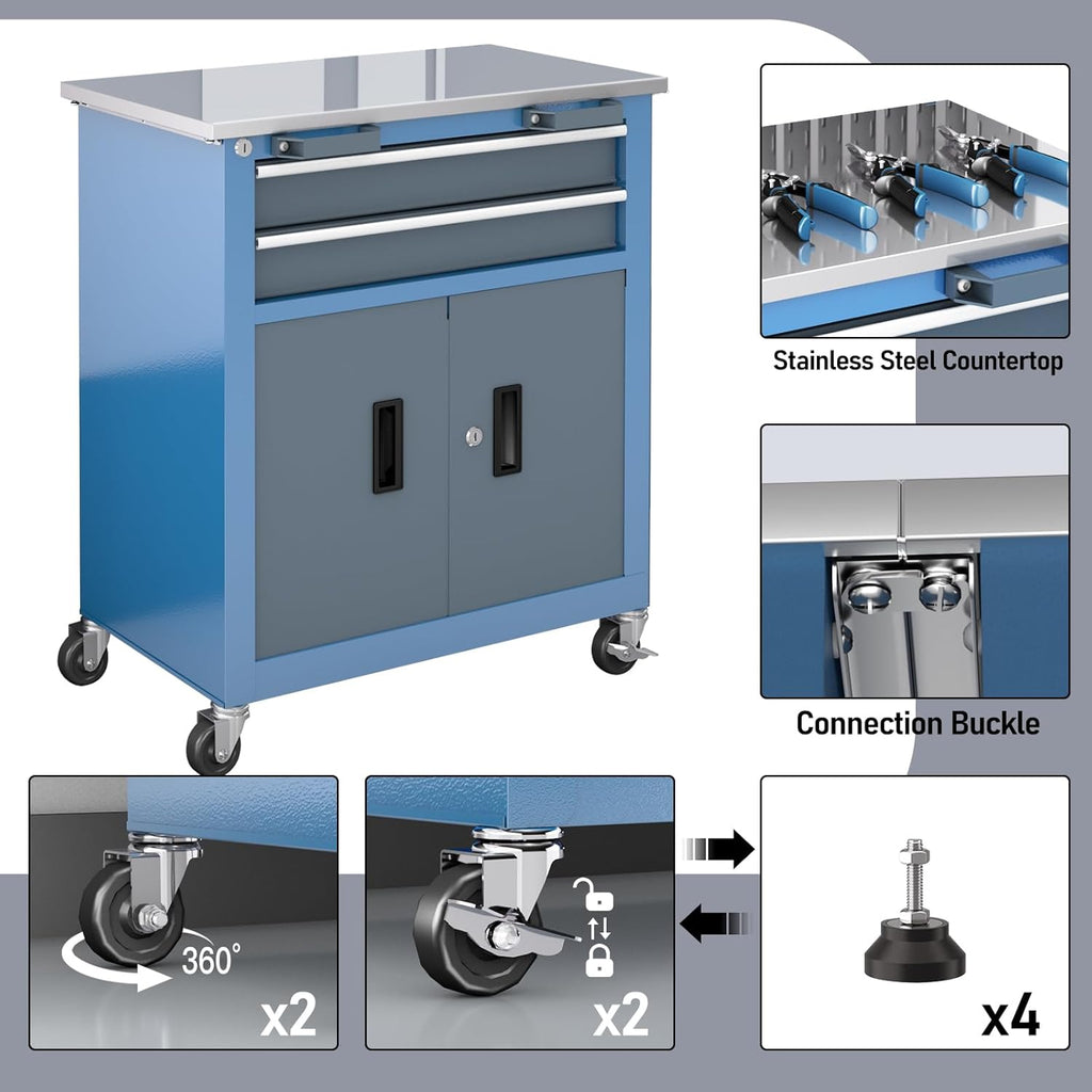 LARBANKE 5-Drawer Tool Chest & 8-Drawer Tool Cabinet with Stainless Steel Countertop, Locking System & Connection Buckle,Cabinet Featuring 360° Swivel Wheels with Brakes&Foot Pads,Blue