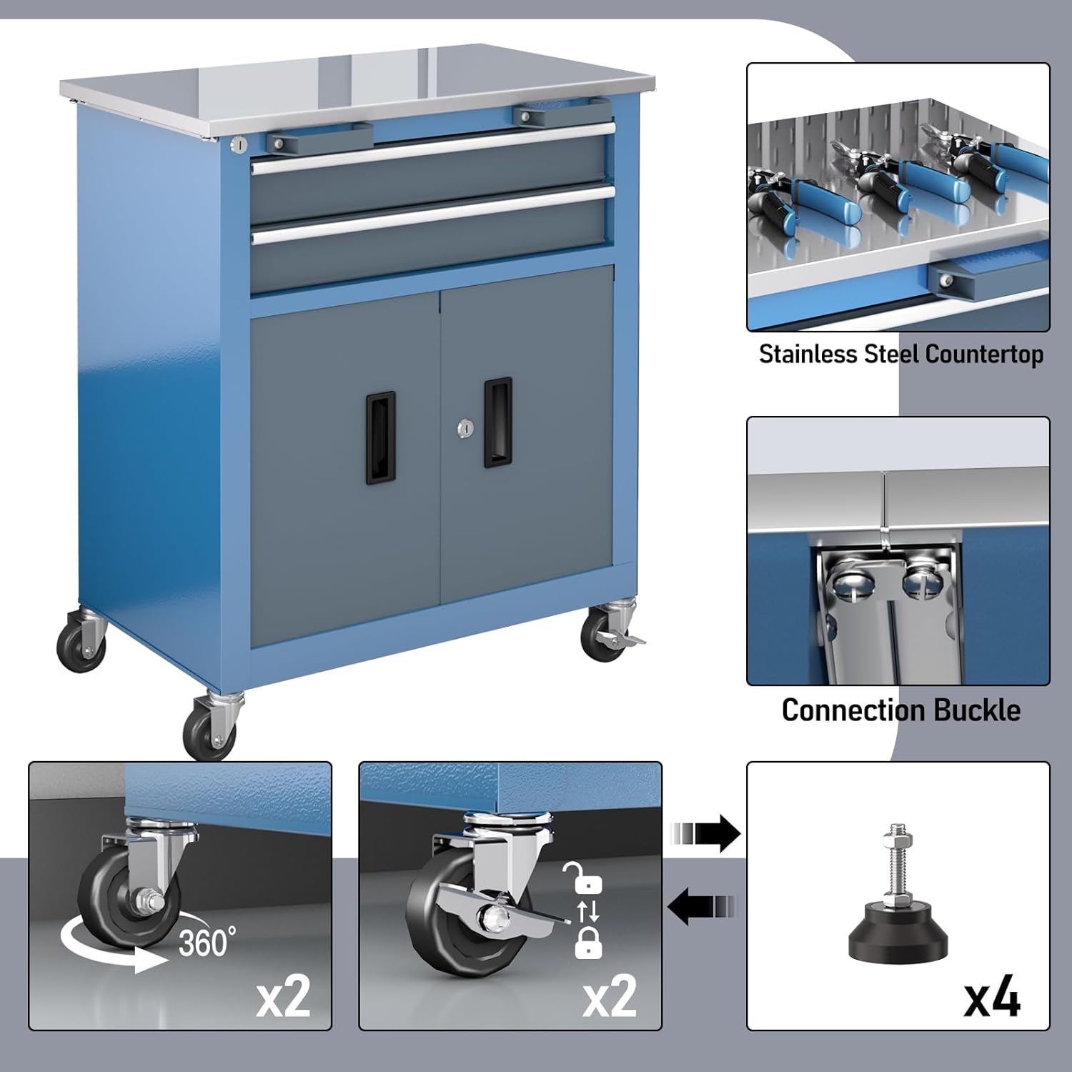 LARBANKE 5-Drawer Tool Chest & 8-Drawer Tool Cabinet with Stainless Steel Countertop, Locking System & Connection Buckle,Cabinet Featuring 360° Swivel Wheels with Brakes&Foot Pads,Blue