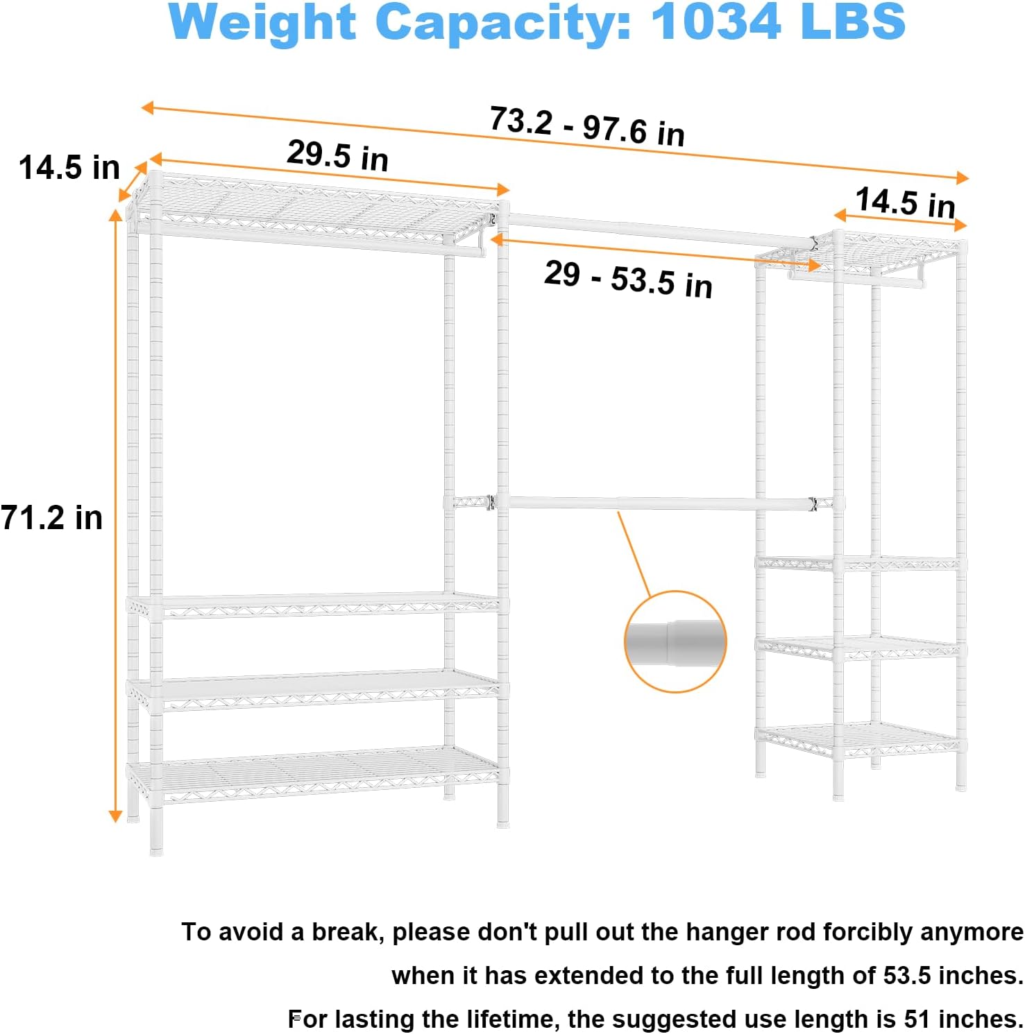 Ulif E11 Heavy-Duty Garment Rack, Metal Freestanding Clothes Rack and Closet Storage Organizer with 8 Shelves and 4 Hanger Rods, (73.2-97.6)' W x 14.5' D x 71.2' H, Load 1034 LBS, White