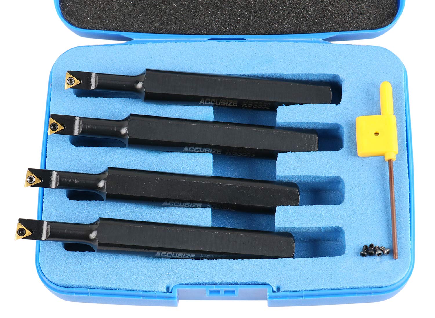 Accusize Industrial Tools Round Shank Indexable Boring Bar, 1/2 in | 4-Piece Mini Set, 95 Degree and 91 Degree Entry Angle, TiN Coated TCMT520 Inserts, EJ99-2178
