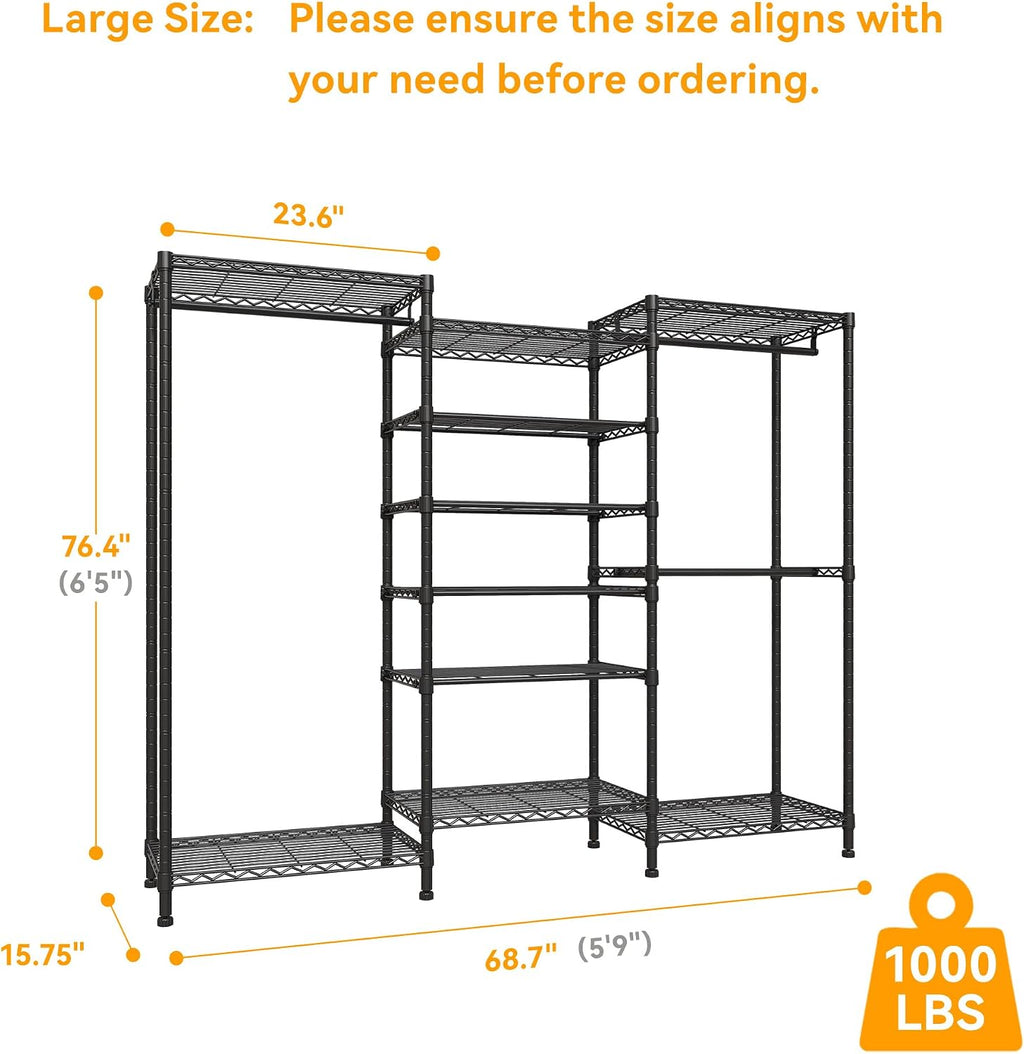 Higeego H12 Heavy Duty Clothes Rack with Adjustable 5-Tier Shoe Rack, Freestanding Clothing Racks for Hanging Clothes, Metal Shoe Organizer Large Closet Racks, 15.7' D x 68.7' W x 76.4' H, Black