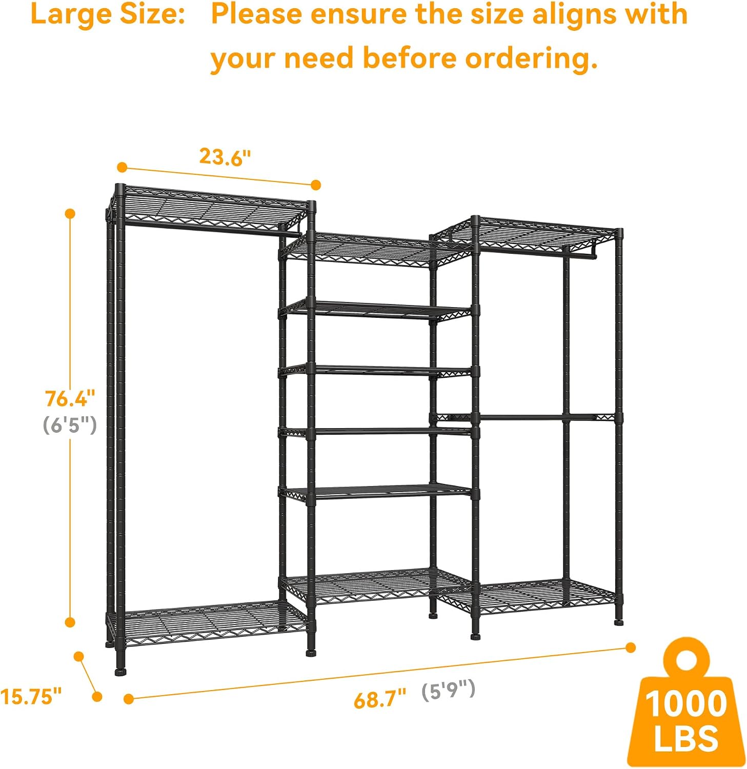 Higeego H12 Heavy Duty Clothes Rack with Adjustable 5-Tier Shoe Rack, Freestanding Clothing Racks for Hanging Clothes, Metal Shoe Organizer Large Closet Racks, 15.7' D x 68.7' W x 76.4' H, Black