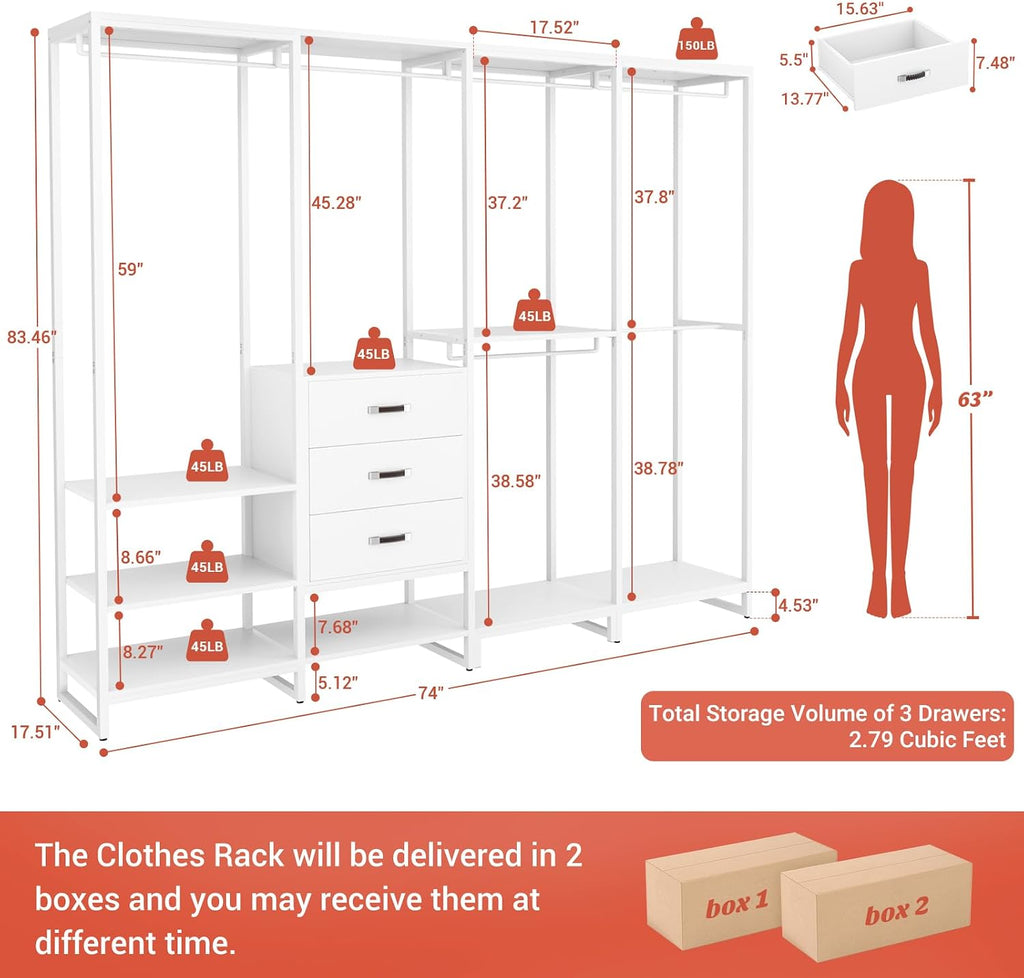 Aheaplus Wood Clothes Rack Wardrobe Closets for Hanging Clothes Heavy Duty Garment Rack, Large Corner L Shaped Closet System Organizer Walk-in Closet for Bedroom with 3 Wood Drawers, Pure White