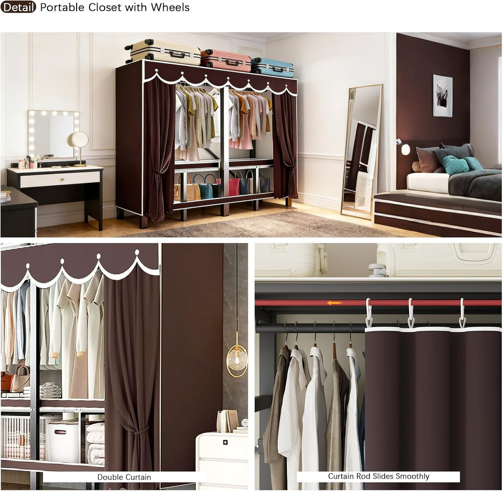 95.3in Foldable Portable Wardrobe Closet with Cover, Heavy Duty Clothing Rack for Hanging Clothes has 59in Vertical Storage Space, Coffee Metal Garment Rack (Coffee)