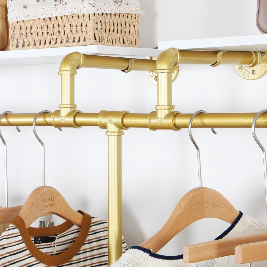Wall Mounted Gold pipe clothing rack with 3 T-Bar Design and Nano Gold Finish with 2 Wooden Shelves Heavy Duty Wall Mounted Iron Garment Bar for Retail Display and Closet Storage