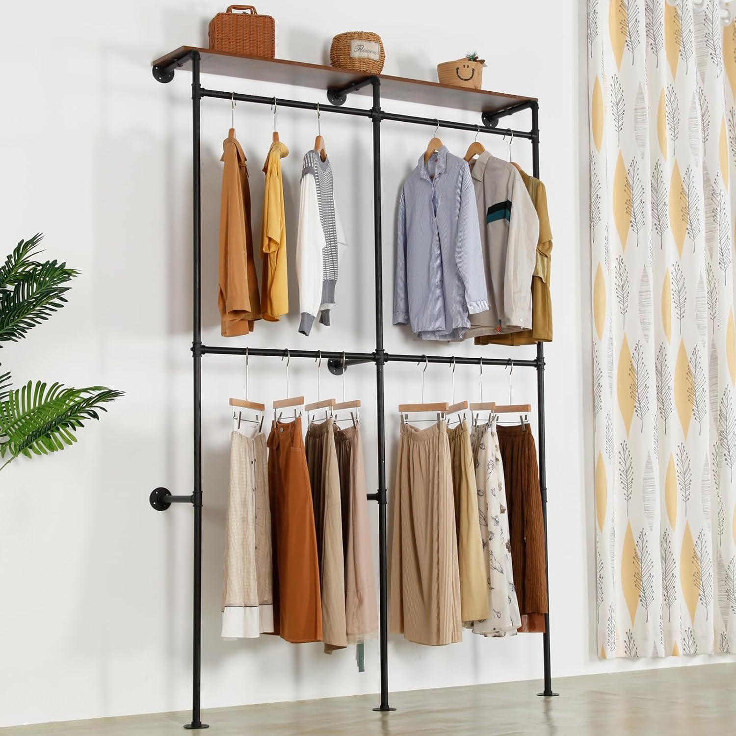 Garment Rack Heavy Duty Racks, Modern Simple Industrial Pipe Double Hanging Rods Clothing with Shelves, Freestanding Portable Wardrobe Closet Rack for Hanging Clothes, 93in Black