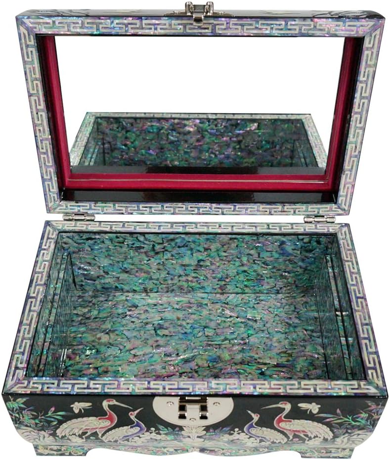 Mother of Pearl Birds Pine Tree Black Lacquer Wood Lock Jewelry Trinket Keepsake Treasure Box Case Chest
