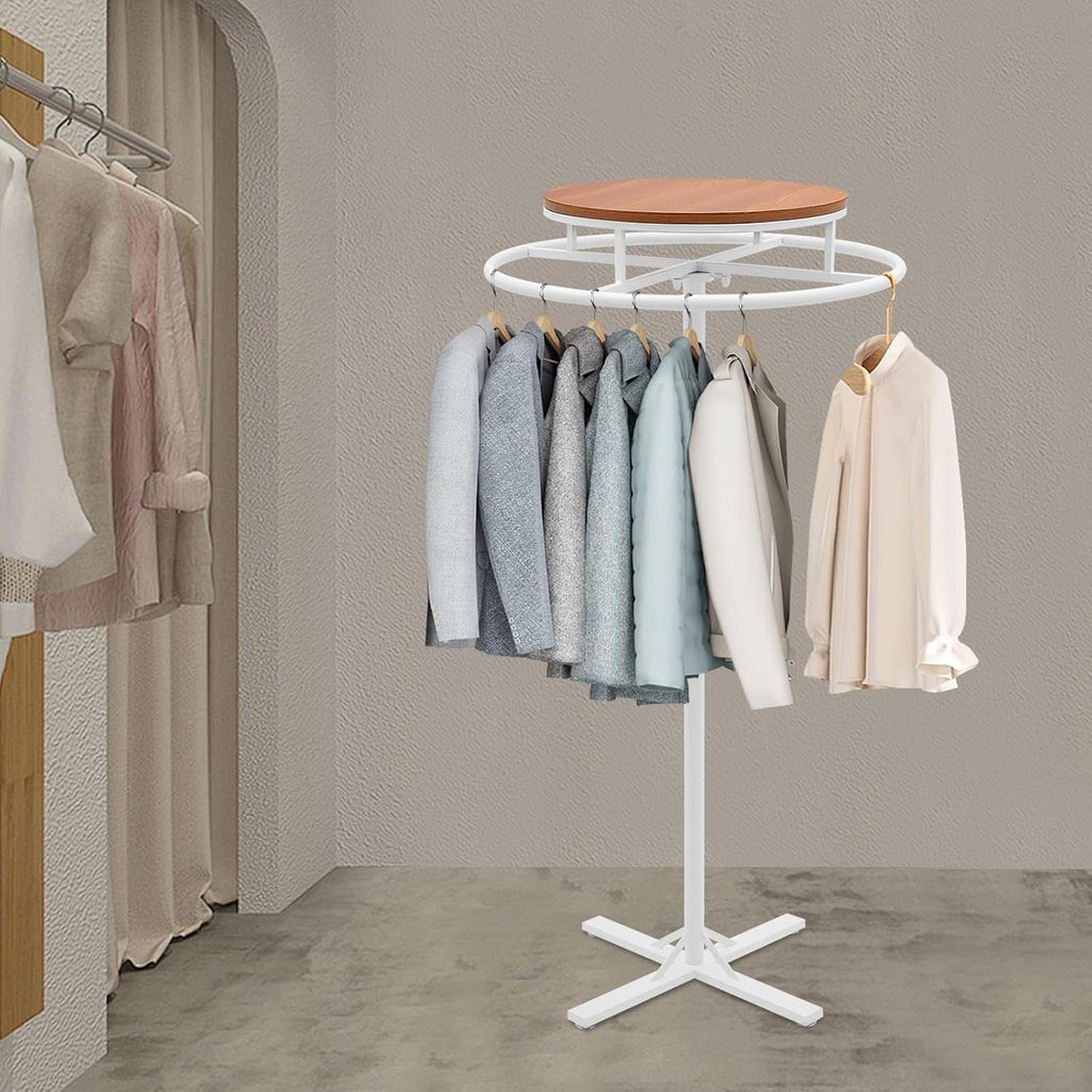 360° Rotating Round Clothing Rack White Garment Rack Retail Clothing Rack Floor-standing Clothing Display Rack for Clothes Boutique Supplies Display