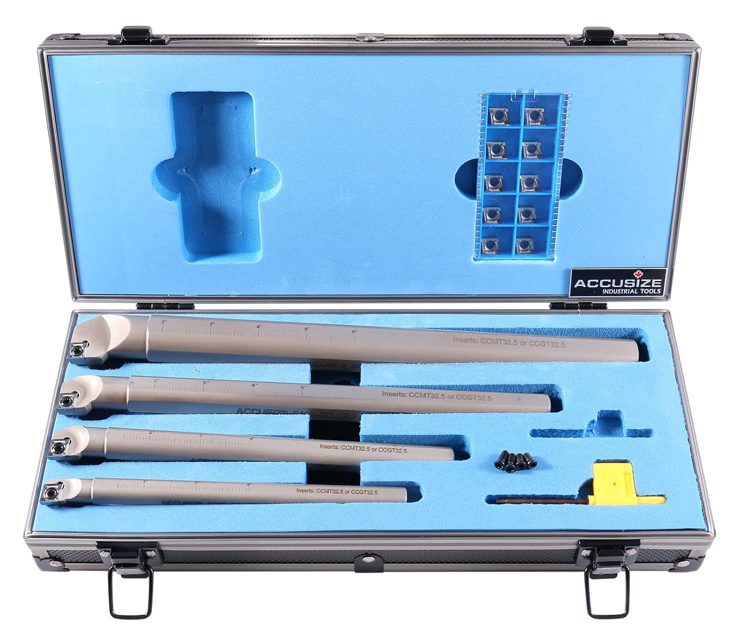 Accusize Sclcr Indexable Boring Bar Set, 1/2', 5/8', 3/4', 1' for Aluminum | 4 Pc Set with 14 CCGT32.51 AKH01 Carbide Inserts, Right Hand, Negative 5° Angle, 45HRC, Torx Screw Retention, P252-S528