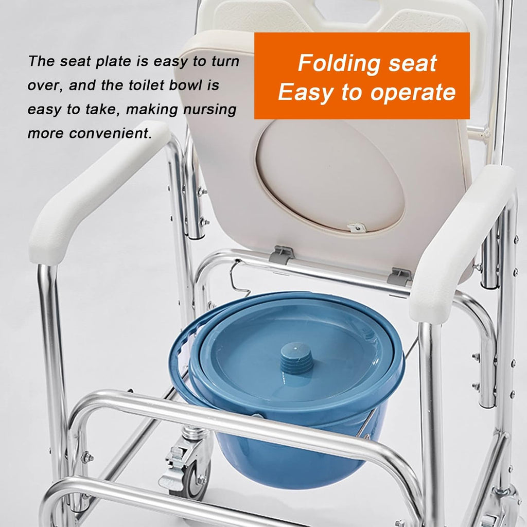 Wheeled Commode Chair for Elderly & Disabled Foldable Shower Toilet Chair with Padded Seat Lockable Casters & Detachable Pot for Convenient Transport & Use