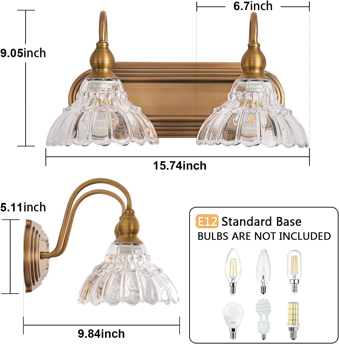 Vintage 2-Light Bathroom Vanity Light Wall Sconce Gold Wall Light Made of Metal Body and Pressed Patterned Glass Retro Vanity Light for Bedroom, Bathroom, Farmhouse, Hallway