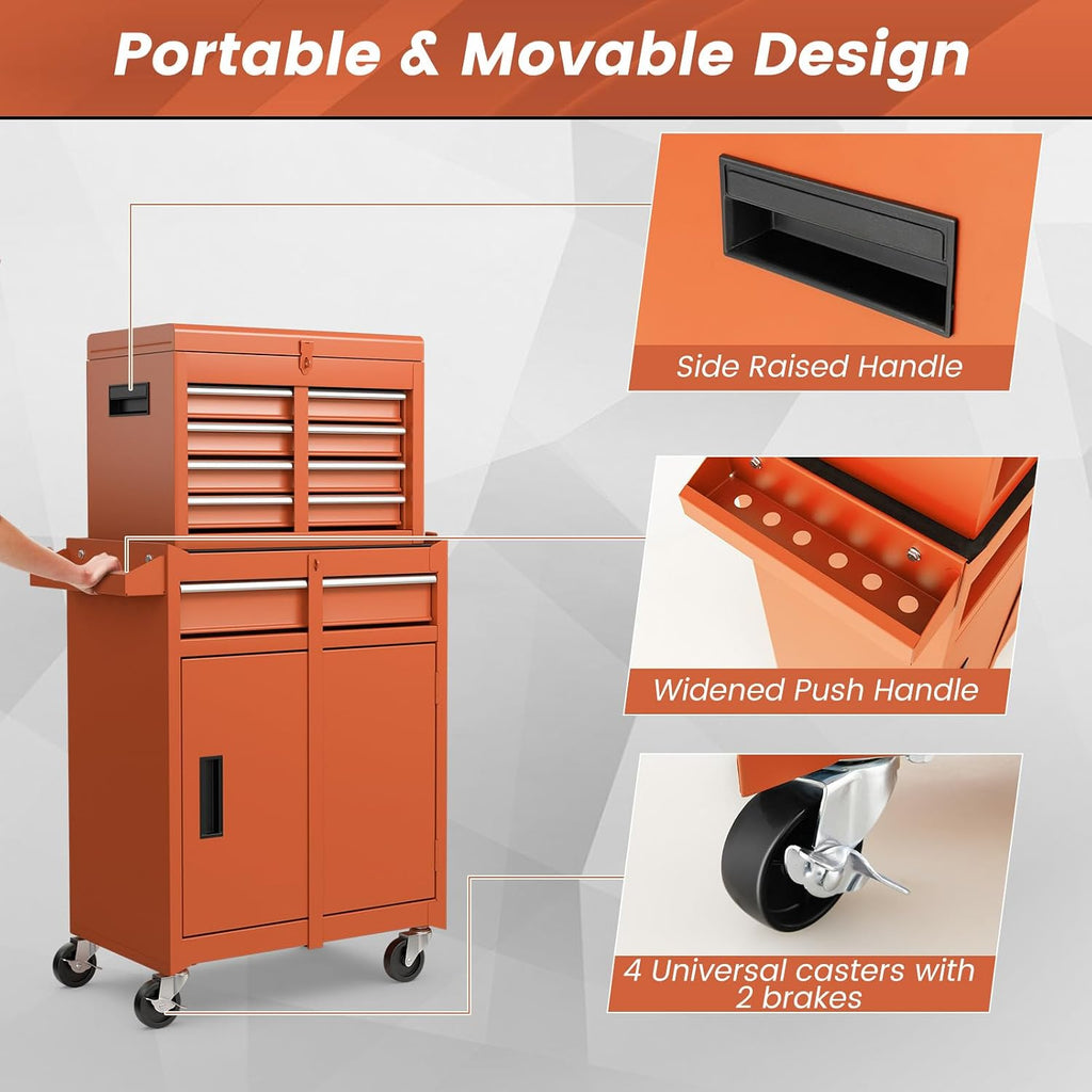IRONMAX 5-Drawer Rolling Tool Chest, 2-in-1 Detachable Heavy Duty Tool Box Storage Cabinet with Auto Lock, Adjustable Shelf & Hooks, Metal Toolbox on Wheels for Garage Workshop (Orange)