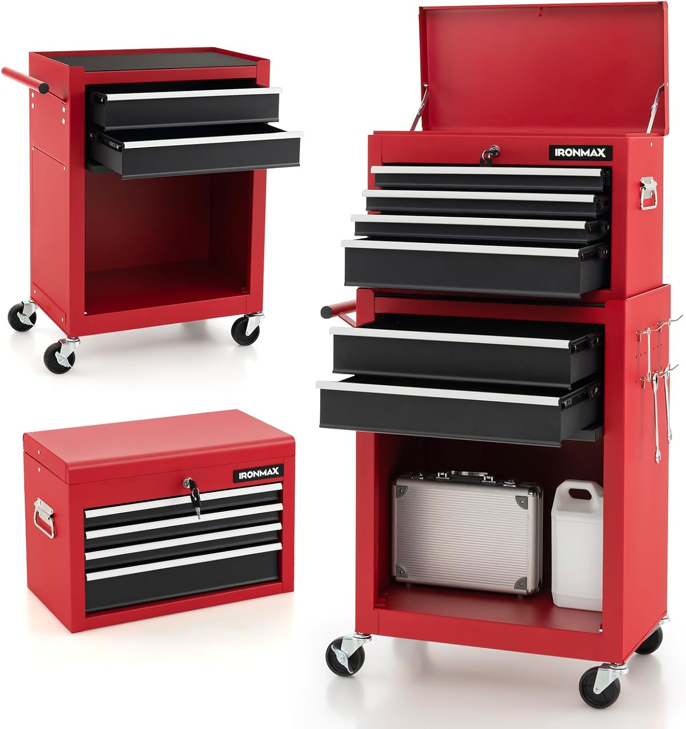 ERGOMASTER Tool Cabinet Chest Include 4-Drawers Removable Top Box + 2-Drawer & Caibinet Capacity Tool Storage with Wheels and Locking System - BlackRed 6-Drawers, TOOLBOX-2023