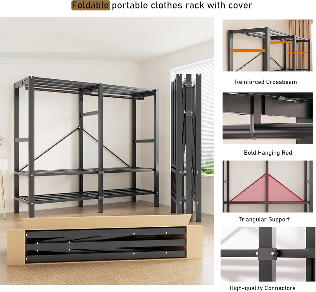 Heavy Duty Portable Wardrobe, Metal Foldable Covered Clothes Rack, 1500LBS, Freestanding Closet System Rolling Garment Rack, for Bedroom Closet (Black Zipper, 59in)
