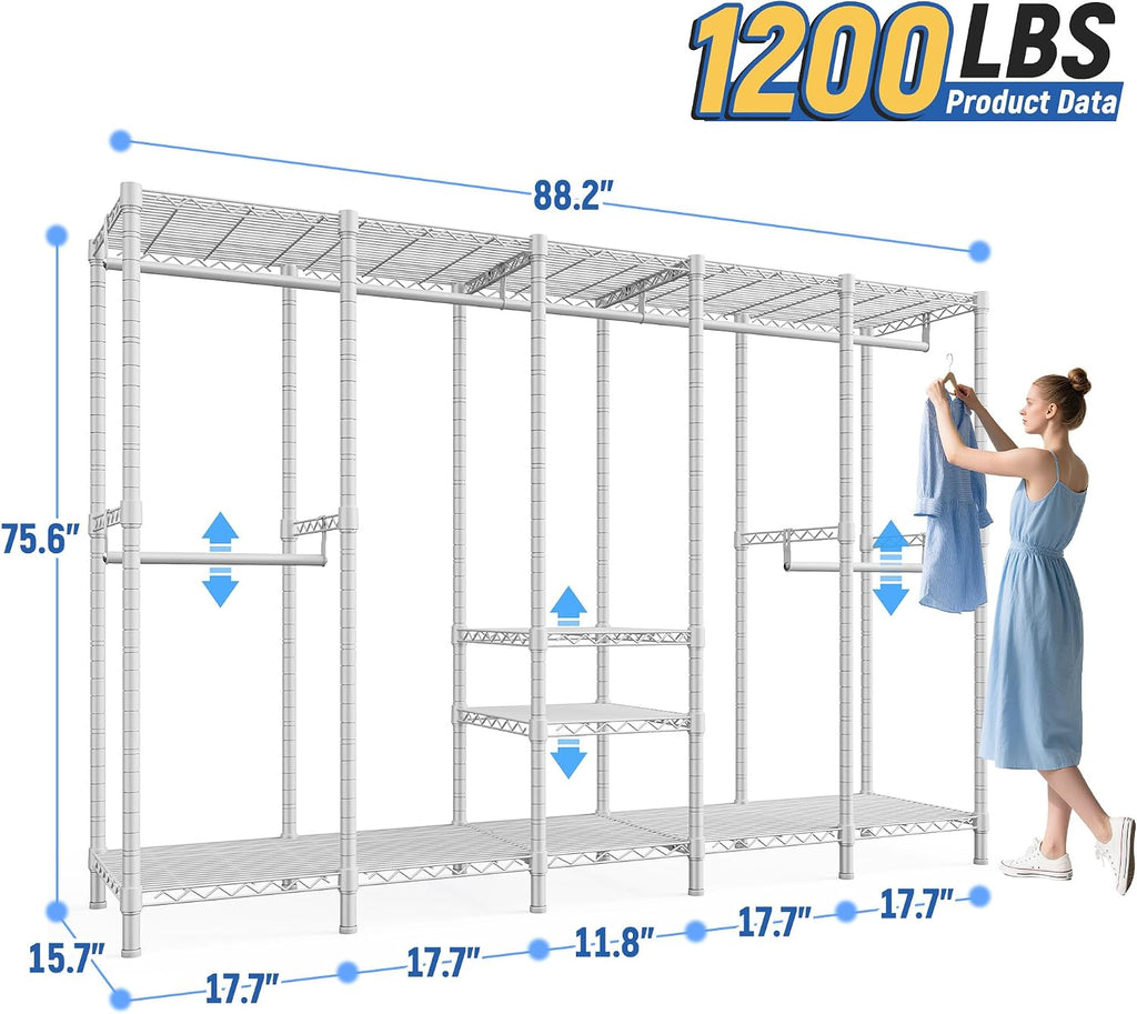 Raybee 88.2' W Clothes Rack Heavy Duty Clothing Racks for Hanging Clothes Extra Wide Portable Closet Loads 1200LBS Freestanding Garment Rack for Bedroom 88.2' W x 75.6' H x 15.7' D, White