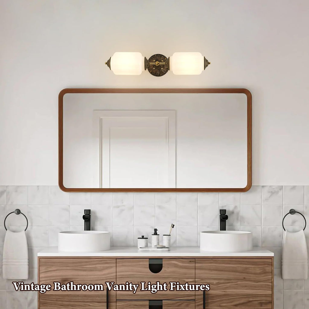 Vintage Milk Glass Bathroom Wall Sconce - 25' Mid Century Dimmable Vanity Light with Bulb - Vertical or Horizontal Mounted Sconces - Modern Brass Gold Lighting Fixture for Indoor Bedroom Hallway Decor