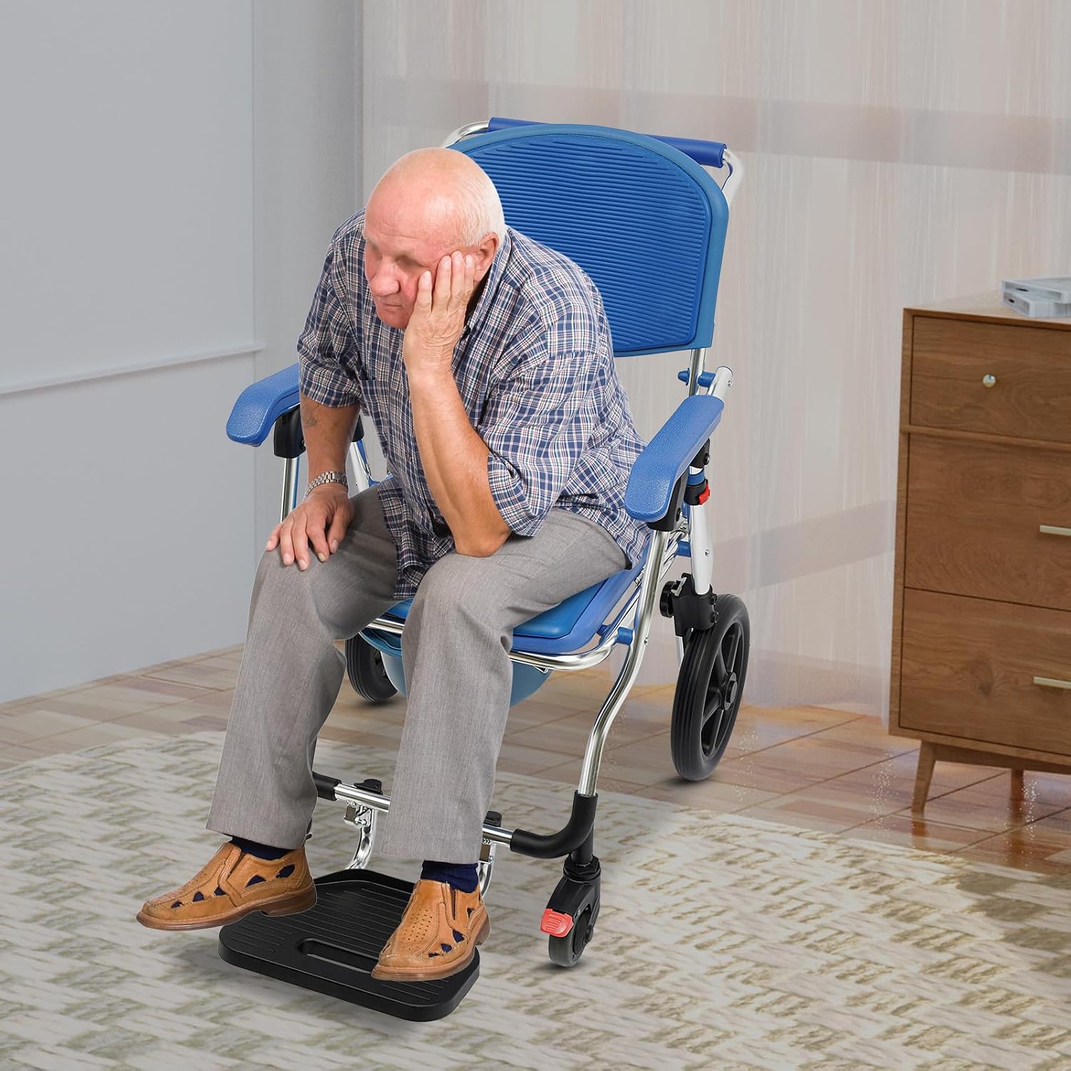 Adjustable Shower Commode Wheelchair, 275lbs Capacity Aluminum Shower Chair, Padded Seat & Commode Opening - Portable Bathroom Wheelchair for Adults, Elderly, Patient Home Care
