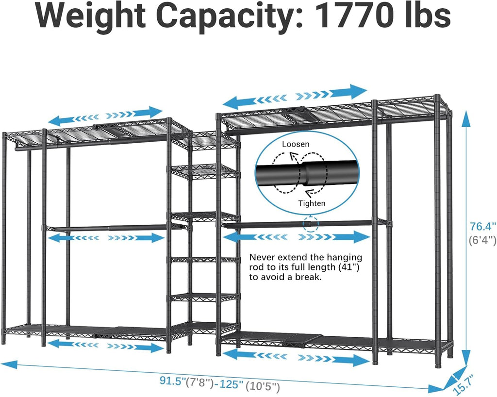 VIPEK X5 Extra Large Expandable Clothes Rack Adjustable from 7'8' to 10'5', Reach-in Closet Metal Clothing Racks Walk-in Freestanding Wardrobe Portable Closets, Black