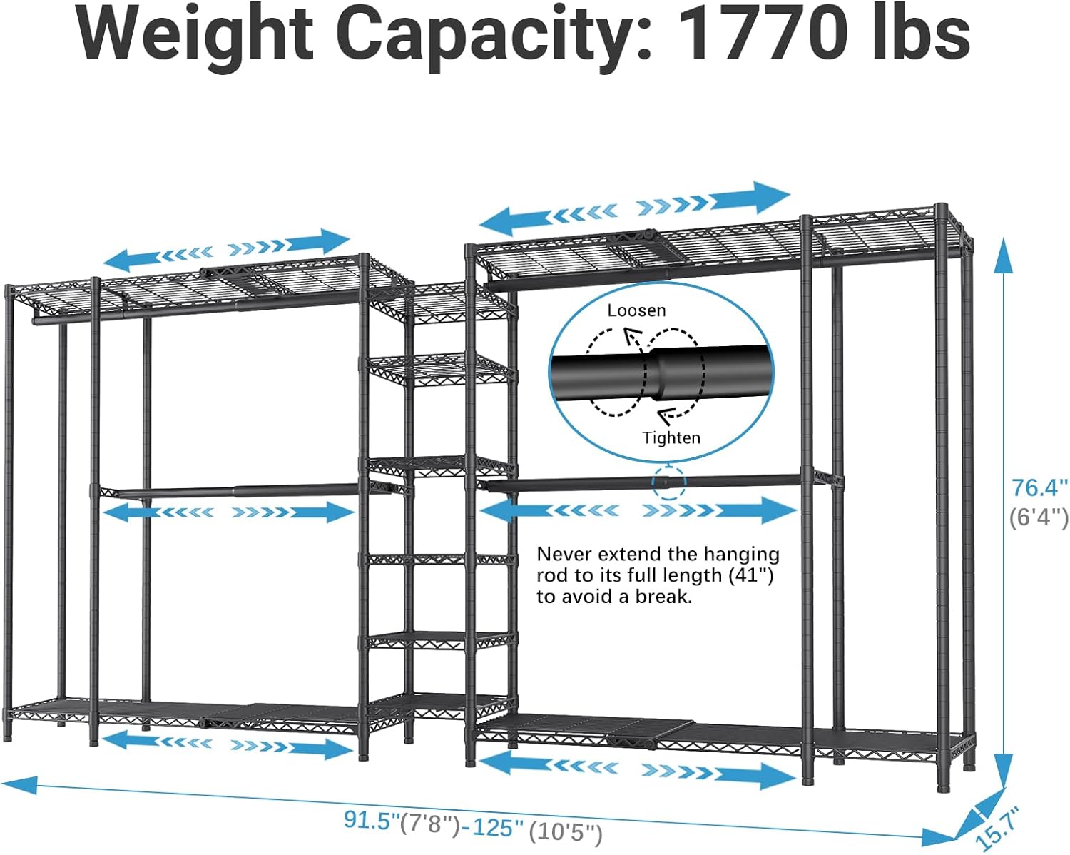 VIPEK X5 Extra Large Expandable Clothes Rack Adjustable from 7'8' to 10'5', Reach-in Closet Metal Clothing Racks Walk-in Freestanding Wardrobe Portable Closets, Black