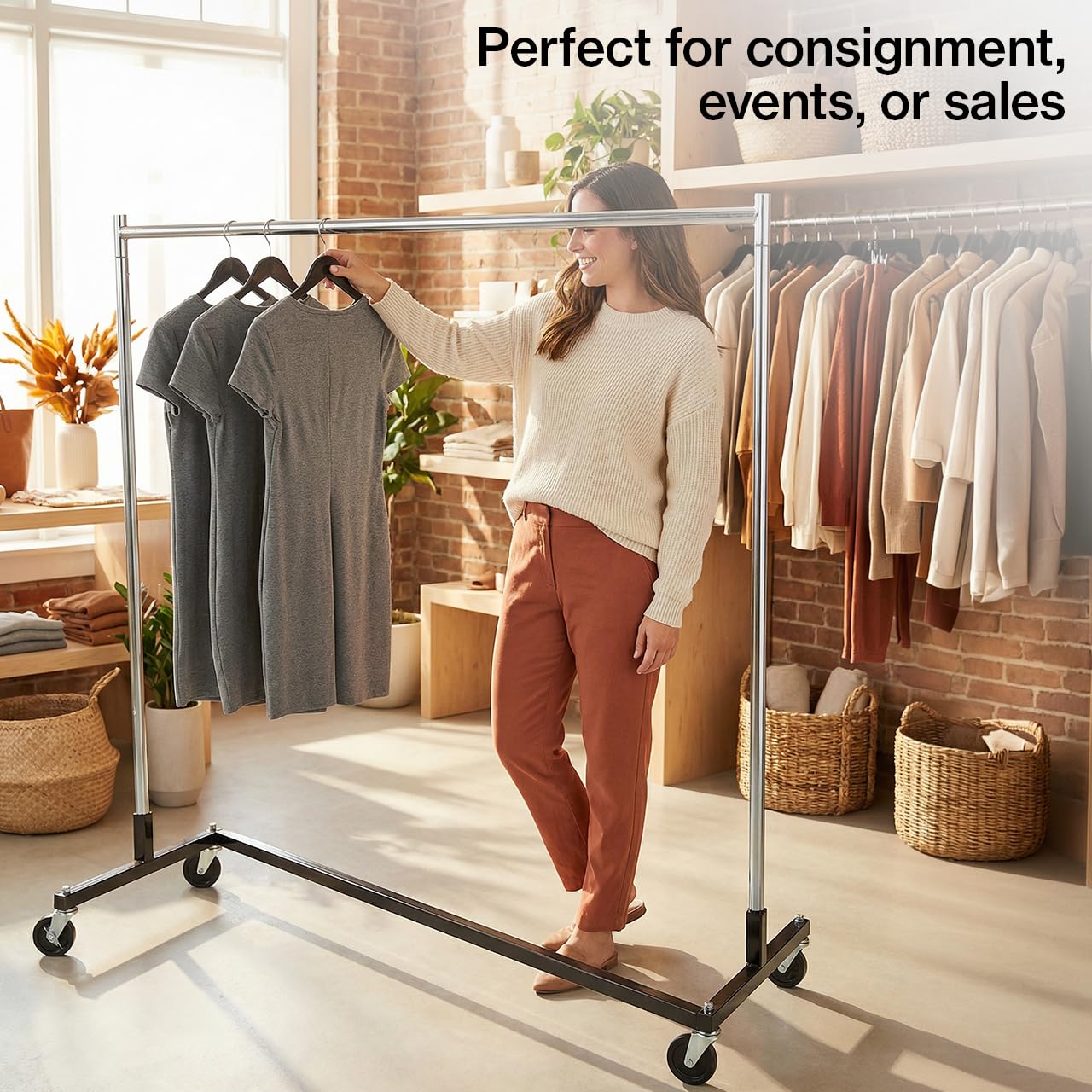 SSWBasics Single-Rail Clothing Rack (Z-Truck Rolling Rack) - 63'W X 24'D X 68'H (Holds 300lbs) - Sturdy Heavy Duty Clothing Rack Z Truck Garment Rack for Retail, Thrift, Boutique, Consignment, Home,