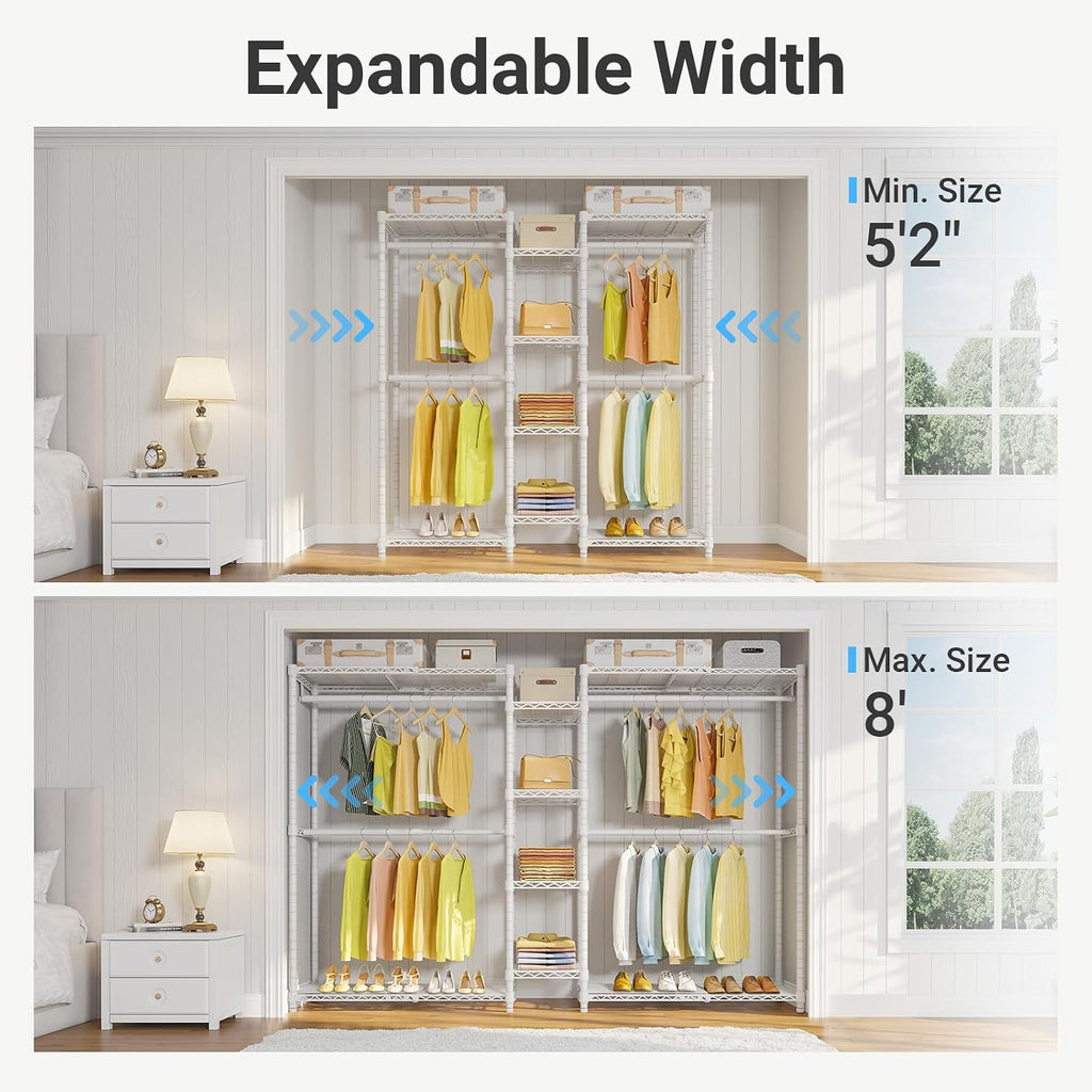 VIPEK X3 Expandable Heavy Duty Clothes Rack Adjustable from 5'2' to 8' with Flexible Shelves and Hanger Rods, Large Freestanding Clothing Racks for Hanging Clothes, Max Load 1210LBS, White