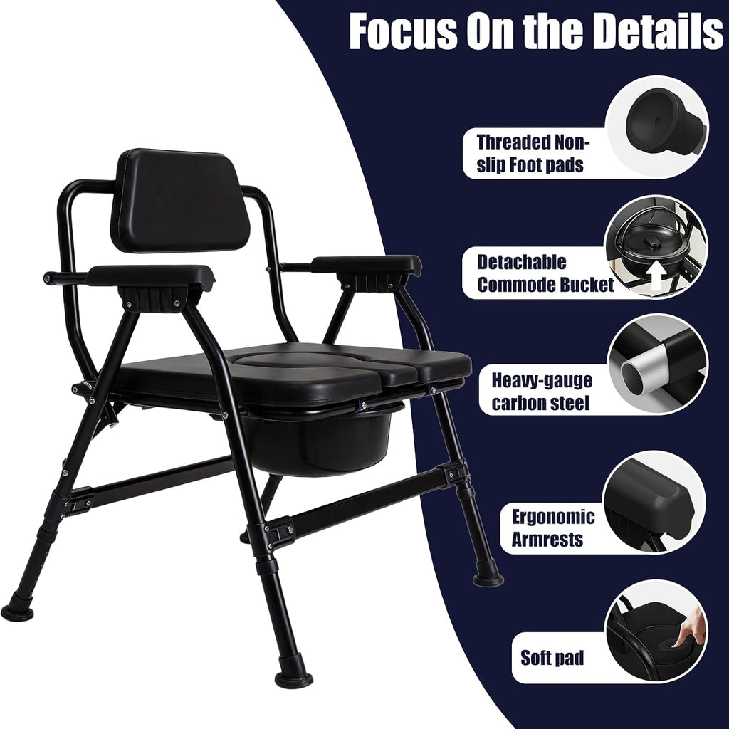 Heavy-Duty Large Bone Bedside Commode, 800lbs Weight Capacity & Extra-Wide Padded Seat, Adjustable Height Folding Toilet Chair for Seniors,Disabled, Patient Home Care(Black)
