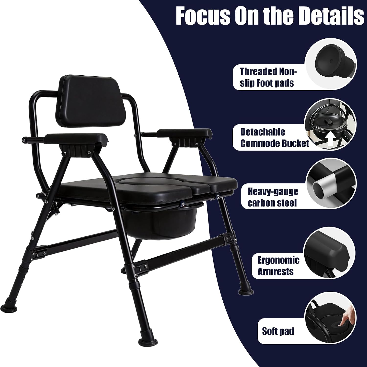 Heavy-Duty Large Bone Bedside Commode, 800lbs Weight Capacity & Extra-Wide Padded Seat, Adjustable Height Folding Toilet Chair for Seniors,Disabled, Patient Home Care(Black)