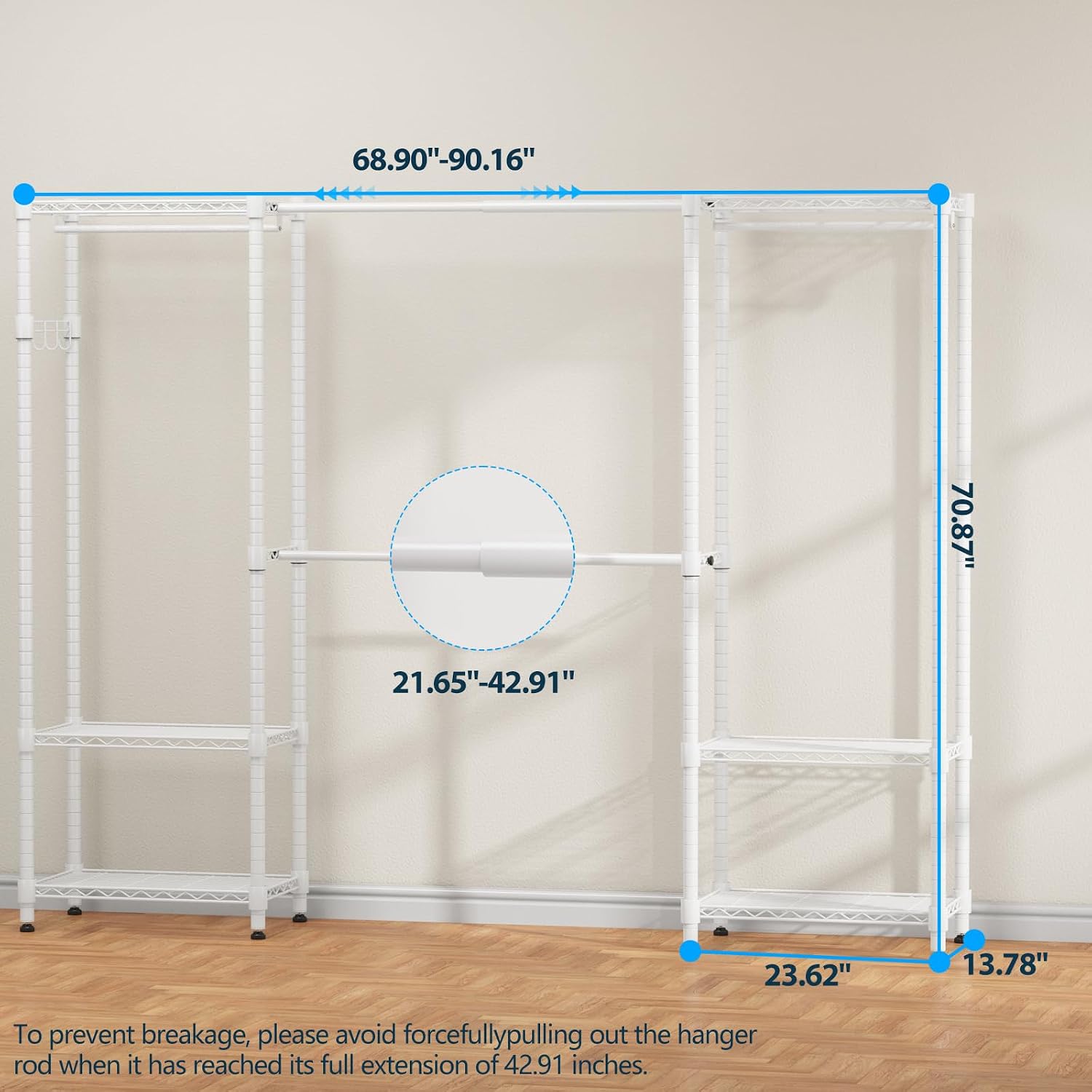 Homdox Heavy Duty Garment Rack with Extendable Hanging Rods, Adjustable Metal Clothing Rack for Hanging Clothes, Freestanding Closet Wardrobe Clothes Rack with Wire Storage Shelves, White