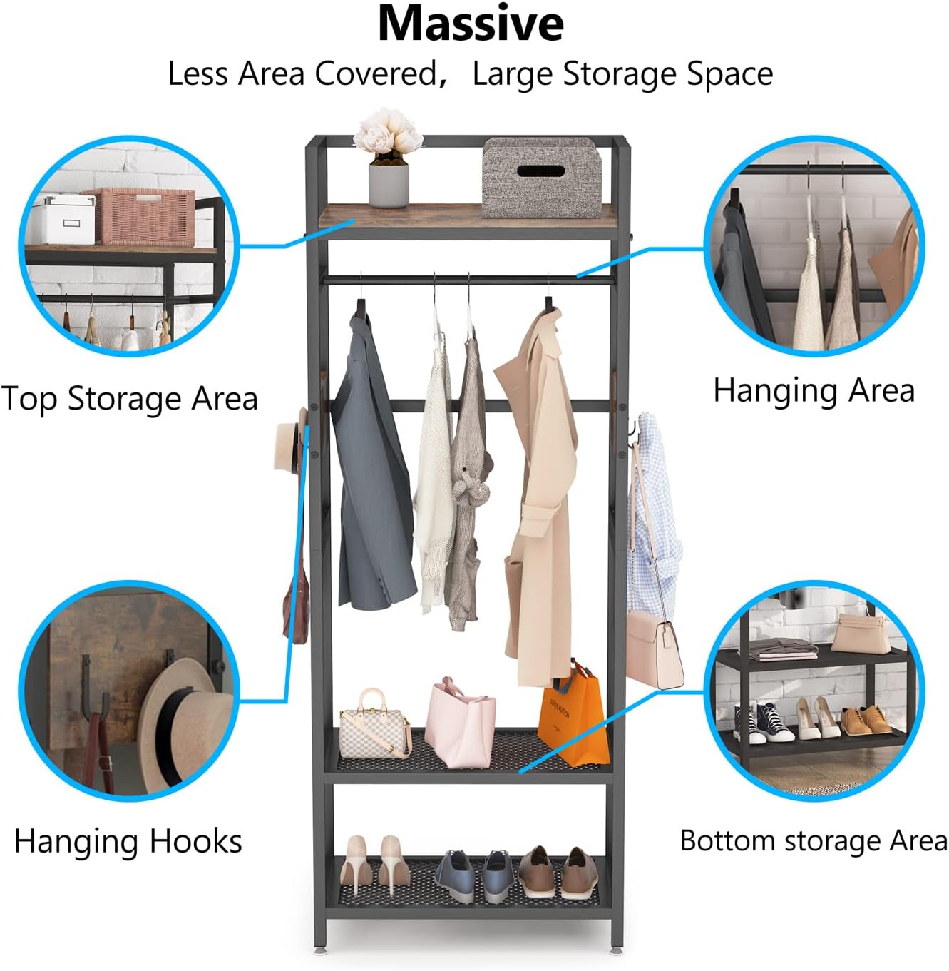 Tribesigns 69-inch Tall Narrow Clothes Garment Rack, Small Heavy Duty Closet Organizer with Shelves and Hooks, Freestanding Clothes Hanging Rack open wardrobe for Bedroom, Brown & Black