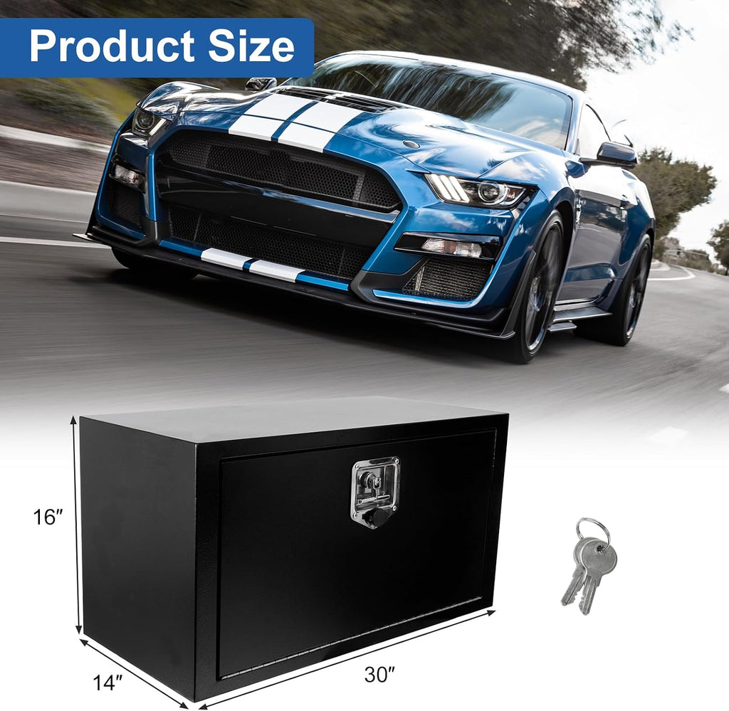 confote Black Steel Underbody Truck Tool Box with T-Handle Lock,Heavy Duty Truck Tool Box Truck Storage Organizer Tool Box Chest For Storage Smooth Surface,Waterproof-30'x 14'x 16' inch