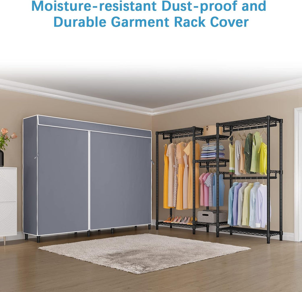 VIPEK Classic V6C Heavy Duty Covered Clothes Rack Portable Wardrobe Closet, 5 Tiers Wire Garment Rack Black Metal Clothing Rack with Grey Oxford Cover, 70.1' L x 17.3' W x 76.4' H, Max Load 870 LBS
