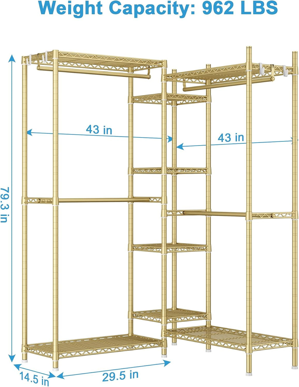 Ulif E4 Clothes Rack, Heavy-Duty Garment Rack, Metal Freestanding Clothing Organization Storage System Can Be L-Shaped with Shelves and Hangers, Max Load 962lbs, 71.6' W x 14.5' D x 79.3' H, Gold
