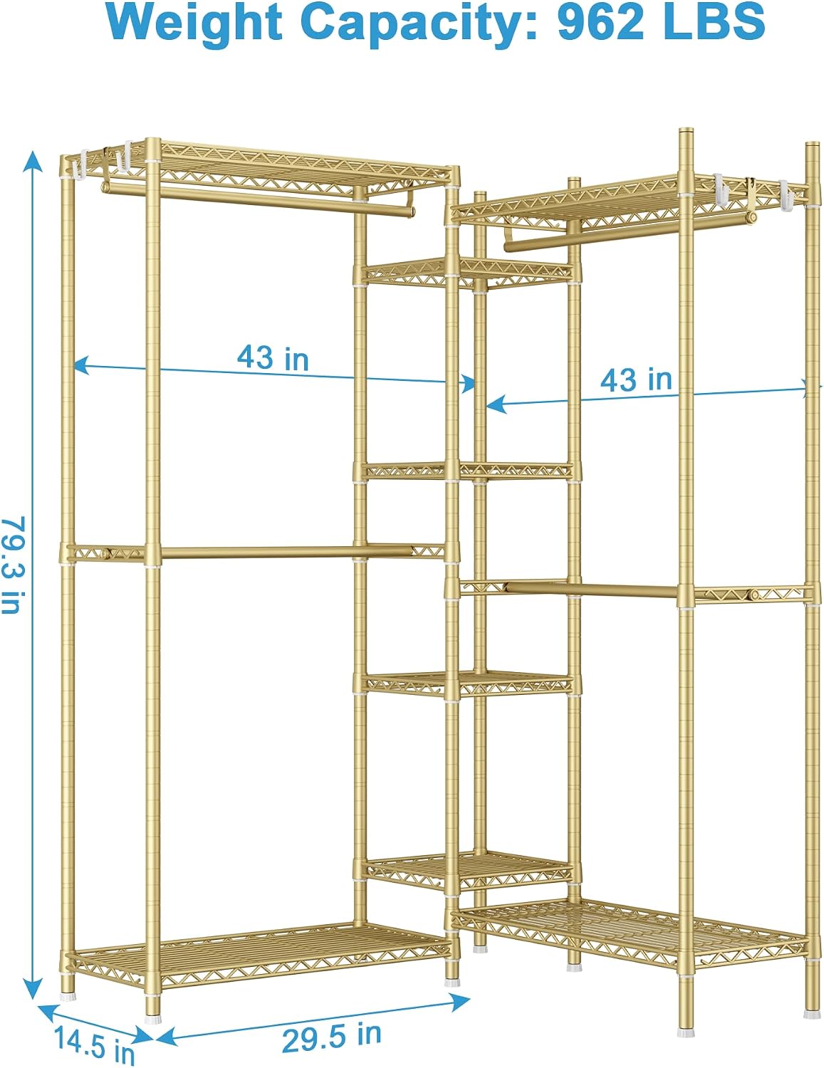 Ulif E4 Clothes Rack, Heavy-Duty Garment Rack, Metal Freestanding Clothing Organization Storage System Can Be L-Shaped with Shelves and Hangers, Max Load 962lbs, 71.6' W x 14.5' D x 79.3' H, Gold