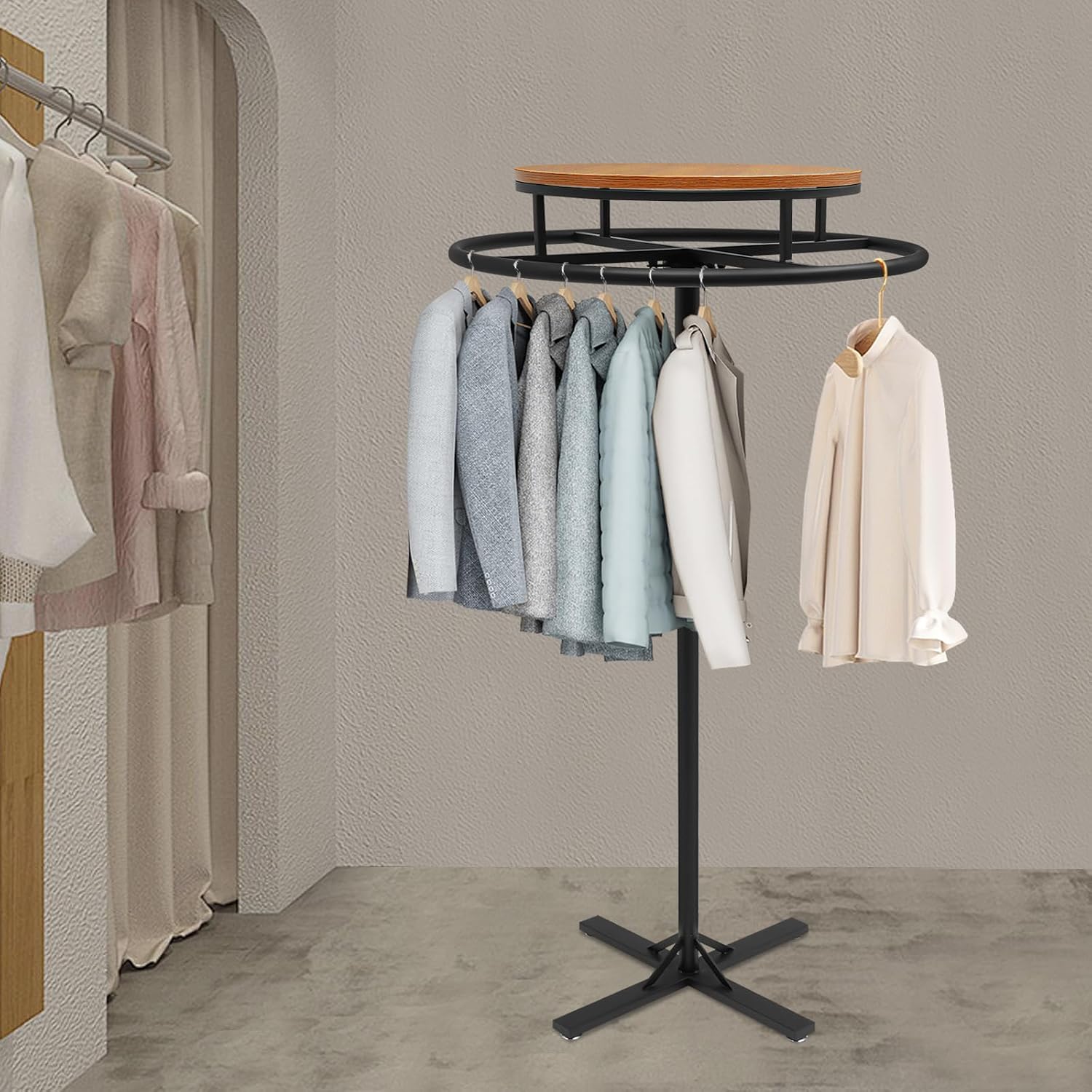 28 * 51 inch Retail Clothing Garment Racks with Display Table, Black 360° Rotatable Floor-Standing Clothes Storage Rack for Bedrooms Boutiques Retail Commercial Shop Laundry Room