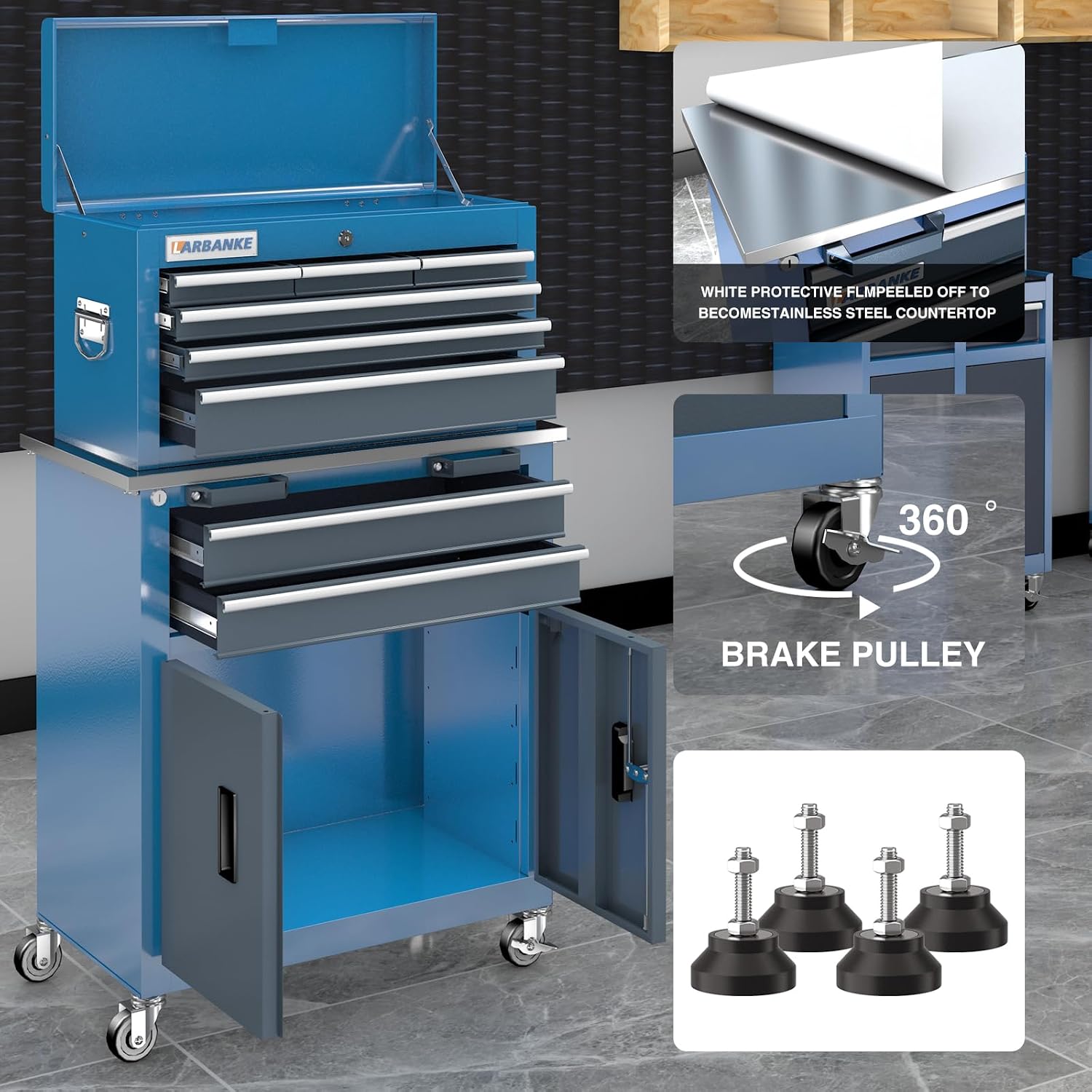 LARBANKE Rolling Tool Chest with Stainless Steel Tabletop,5-Drawer Tool Chest&8-Drawer Tool Box with Connection Buckle,Locking System Storage Cabinet with 360° Brake Swivel Wheels and Foot Pad