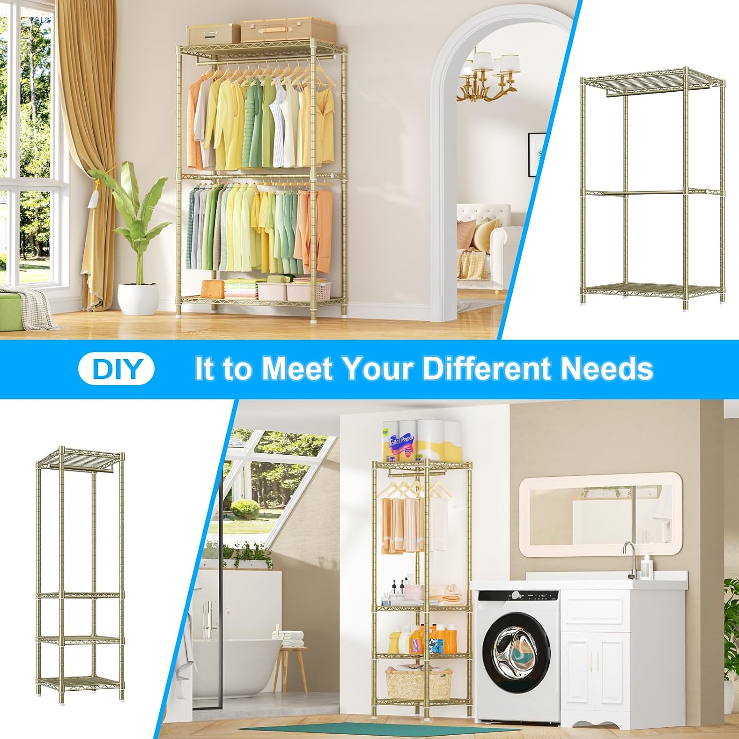Ulif E10 Clothes Rack（With Stretchable Hanger Rod）Freestanding Clothing Racks for Hanging Clothes，Adjustable Closet Organizer System，Portable Garment Rack 73-97'W x 15' D x 72' H，Max Load 800LBS，Gold