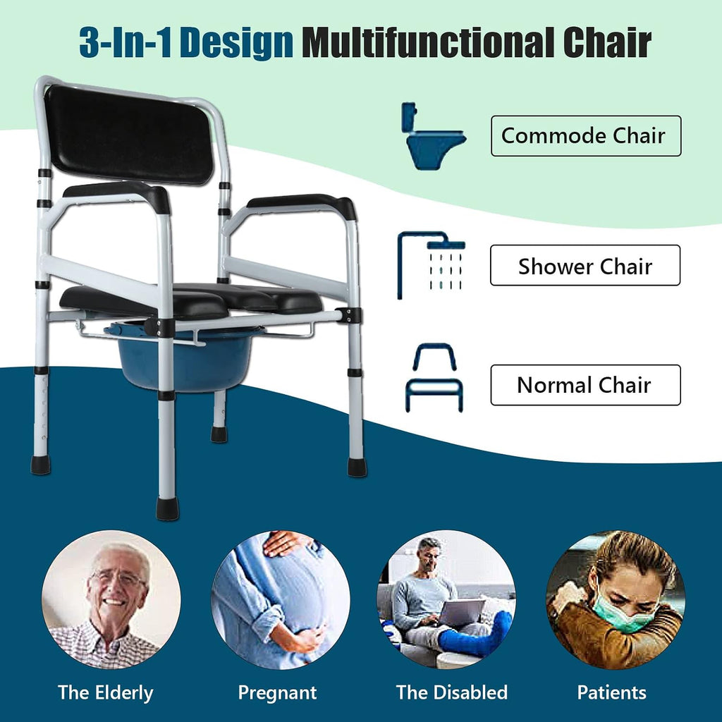 Raised Toilet Seat with Handles and Back, Bedside Commode Chair 6-Gears Height Adjustable Heavy Duty Shower Chair for Adults, Senior, Elderly,Handicap, Disabled