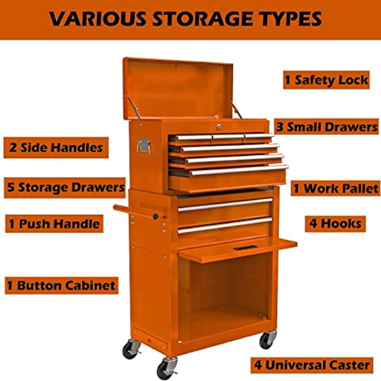 Campfun Rolling Tool Chest with Wheels, 8-Drawer Tool Box Organizer Tool Cabinet, Detachable Large Tool Cabinet with Lock, Mechanic Tool Cart High Capacity Tool Storage Cabinet, Orange