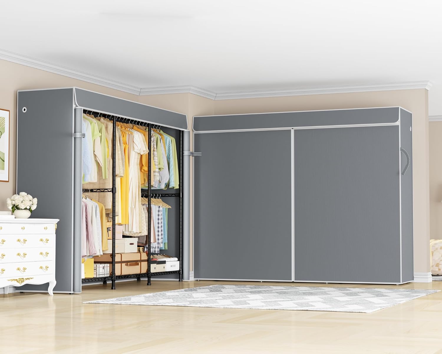 ULIFHOME E14C Pro Heavy Duty Closet Organizer System，Freestanding Clothing Racks for Hanging Clothes，Adjustable Garment Rack 69' W × 16' D × 77' H Hold 960 lbs，Black Rack with Grey Dustproof Cover