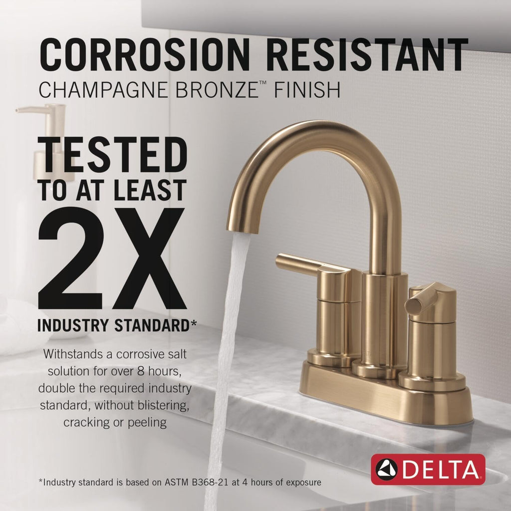 Delta Nicoli Centerset Brushed Gold Bathroom Faucet with Sprayer, 4 Inch 3 Hole Bathroom Sink Faucet with Pull Out Sprayer, Push-Pop Drain, Champagne Bronze 25749LF-CZ