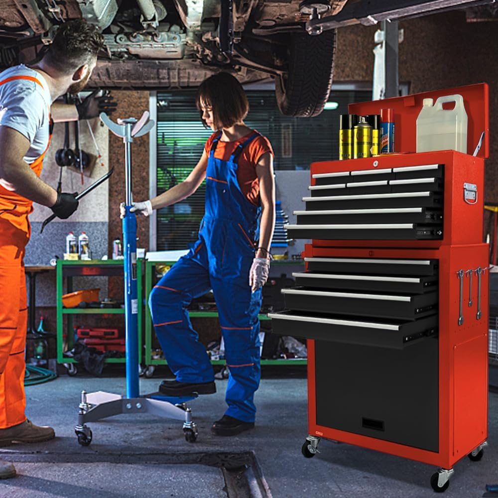 13-Drawer Rolling Tool Chest, 2-in-1 Heavy Duty Detachable Storage Cabinet with Lockable Wheels & Removable Top Box, 600 lbs Capacity for Mechanics, Garage Workshop (Red＆Black)
