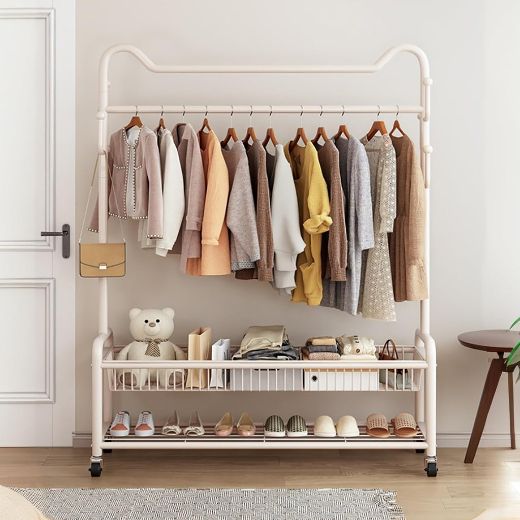 Clothes Rack For Hanging Clothes,Portable Rolling Garment Racks With Wheels And Hooks,Metal Freestanding Coat Rack With Storage Shelves,Clothing Rack For Bedroom(80cm(31.5in))