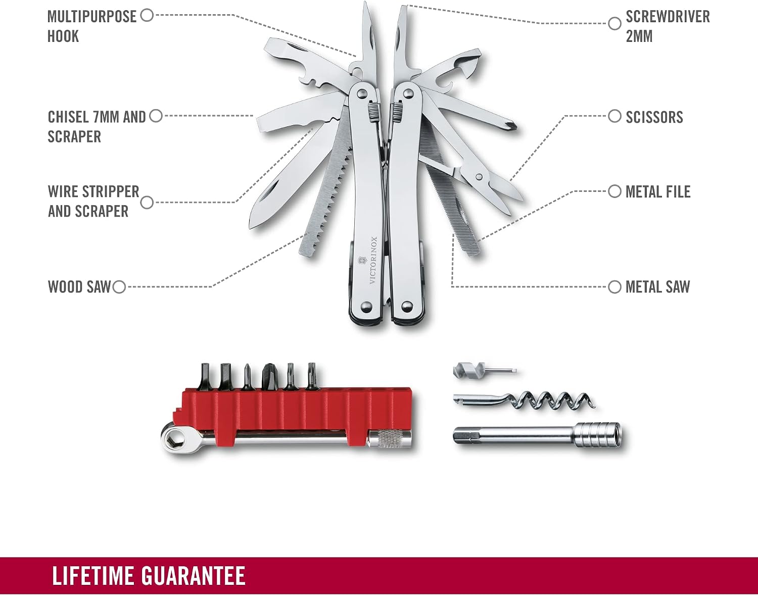Victorinox Swiss Tool Spirit X Plus Ratchet Swiss Army Knife, 36 Function Swiss Made Multi-Tool with Needle-nose Pliers and Leather Pouch - Silver
