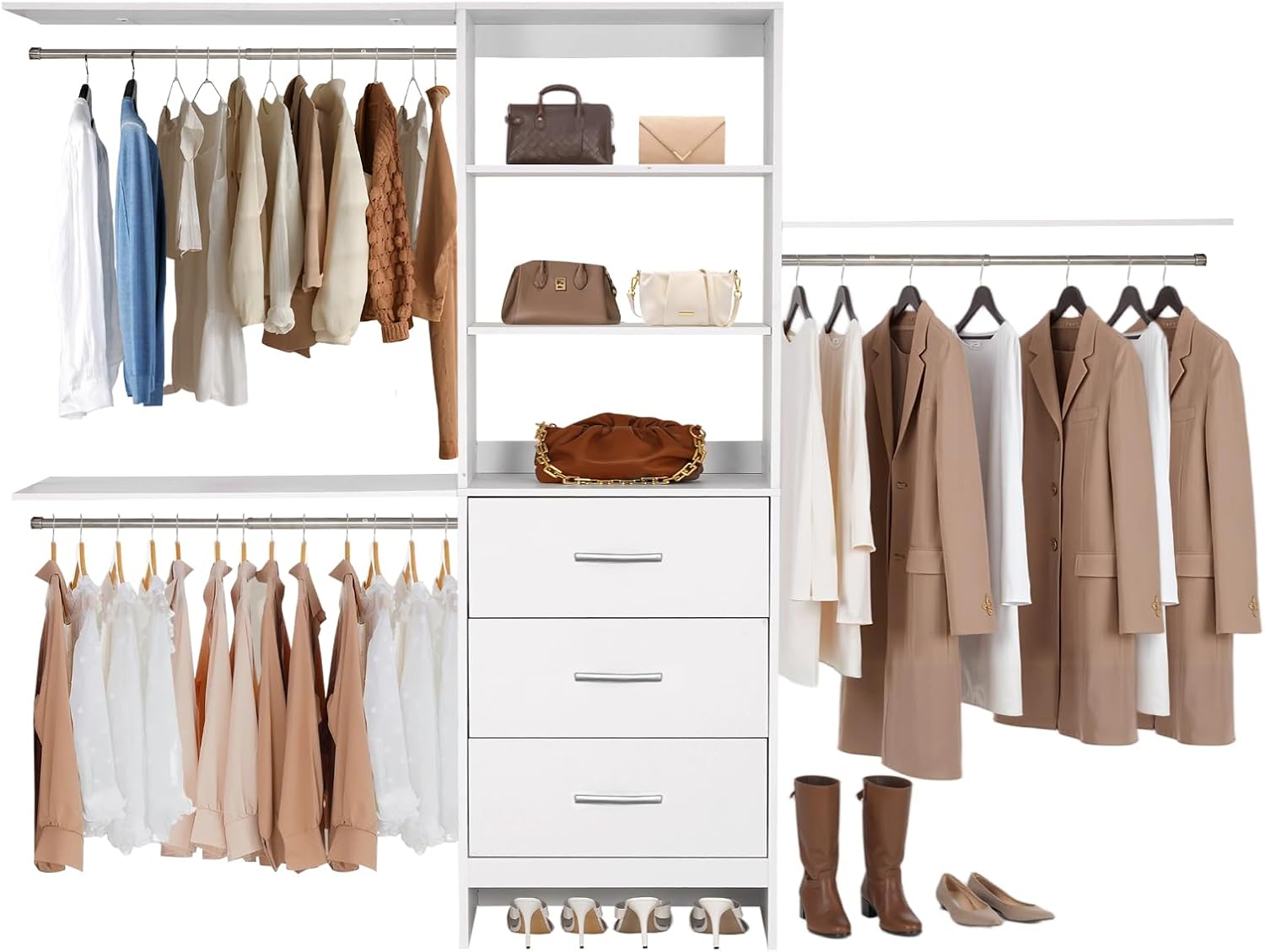 VEVOR Closet System with 3 Drawers, Adjustable Height Wooden Closet Organizers, Modern Walk-in Wardrobe Organization with 3 Retractable Clothes Hanger Rods, Freestanding Garment Rack Storage, White