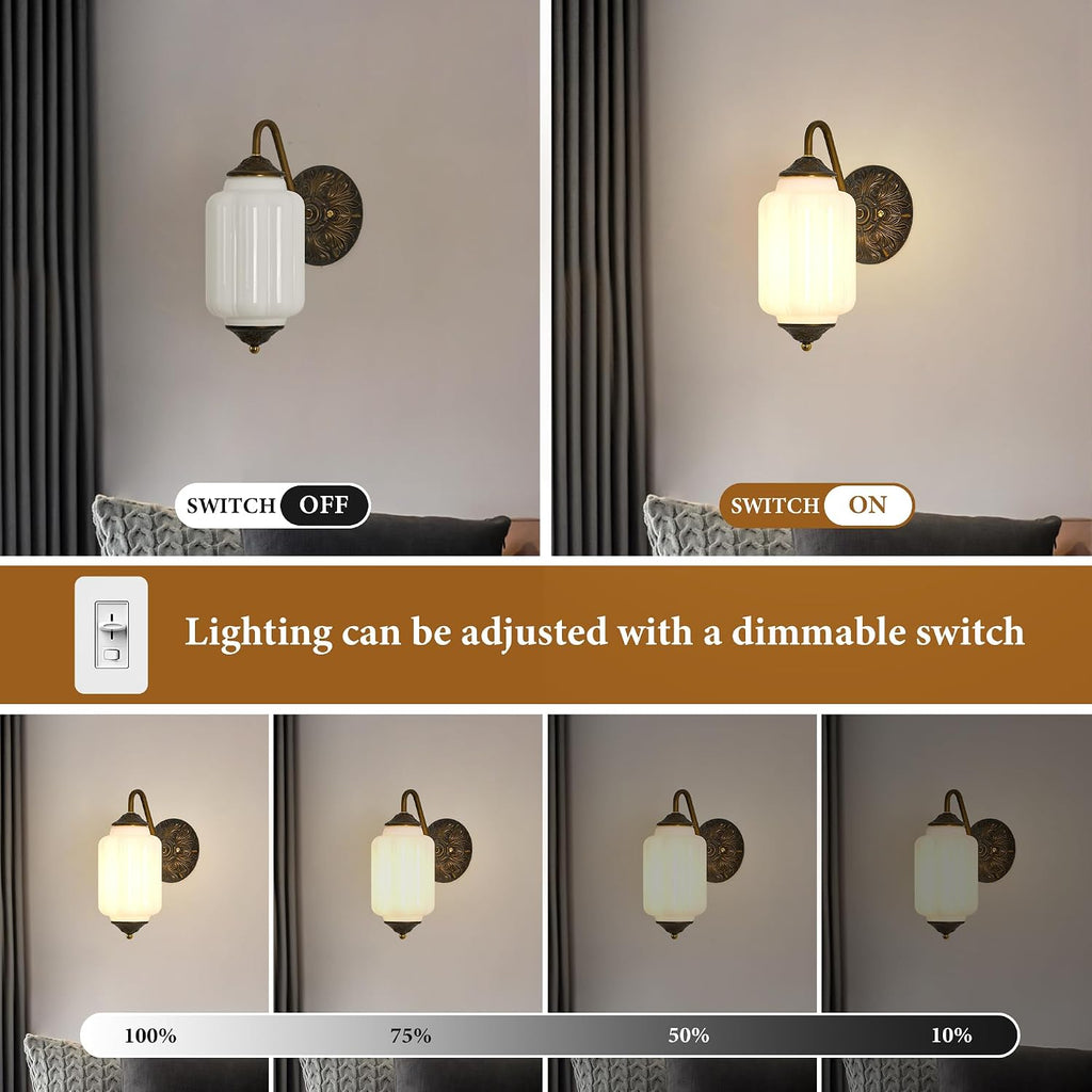 Vintage Milk Glass Wall Sconce - Set of 2 White Dimmable Wall Mount Lighting with Bulbs - Antique Brass Gold Sconces - Mid Century Vanity Light Fixture for Bathroom Bedroom Living Room Hallway Decor