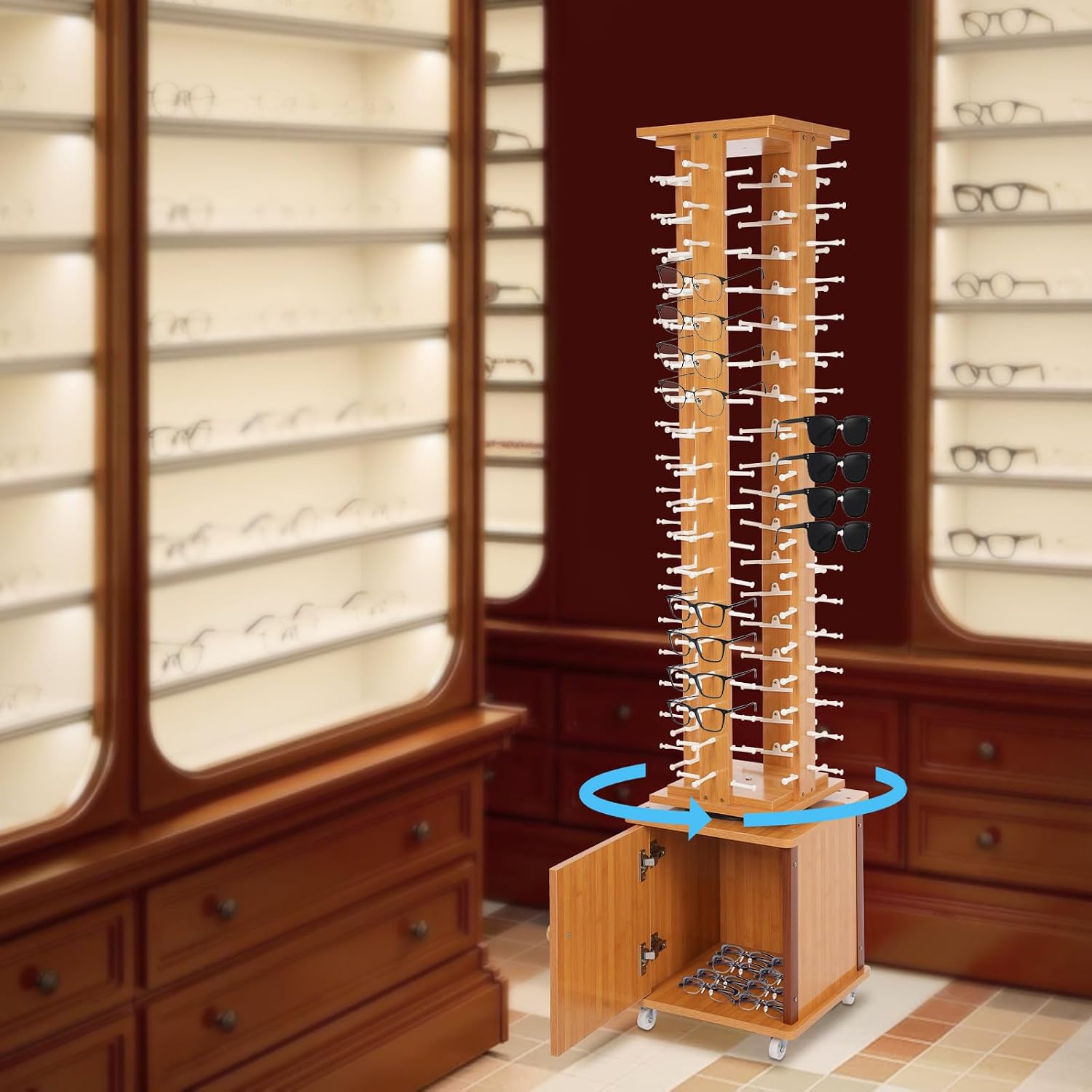 72 Pairs Glasses Sunglasses Display Stand, 360° Rotating Glasses Storage Display Rack with Cabinet, Floor Sunglasses Display Rack with Wheels, 66.14in Height with Wheels (Light Log Color)