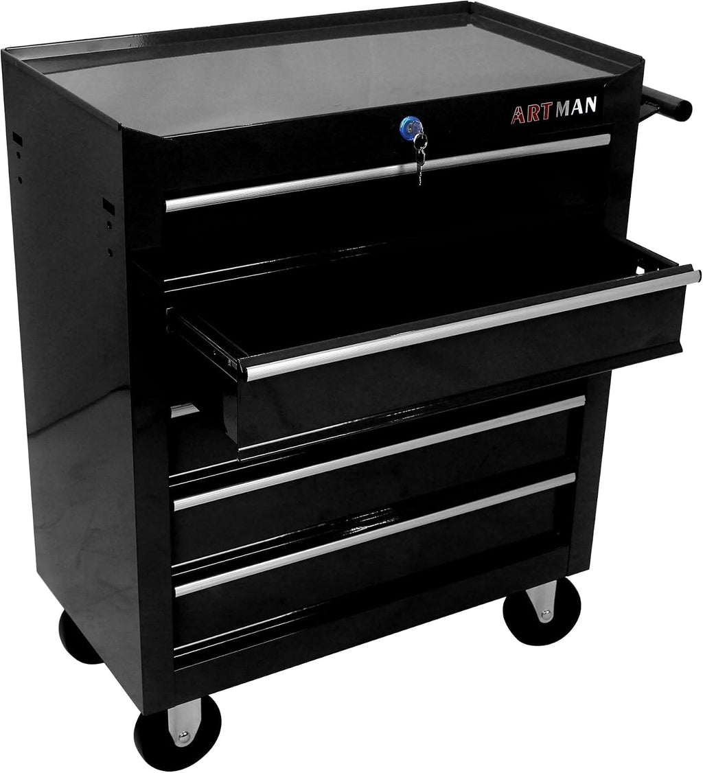 5-Drawer Tool Cart on Wheels, Drawers Rolling Tool Chest with Key Lock, Mobile Trolley Organizer Tools Box with Locking Wheels & Ball Bearing Drawers for Garage,Repair Shop,Warehouse (Black)