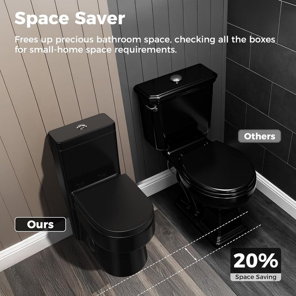 Compact Black One Piece Toilet with Soft-close Seat Lid, Power Dual Flush 1.2/1.85 GPF, Standard White Toilet Bowl, Space-saving Design For Limited Layouts,12'' Rough-in