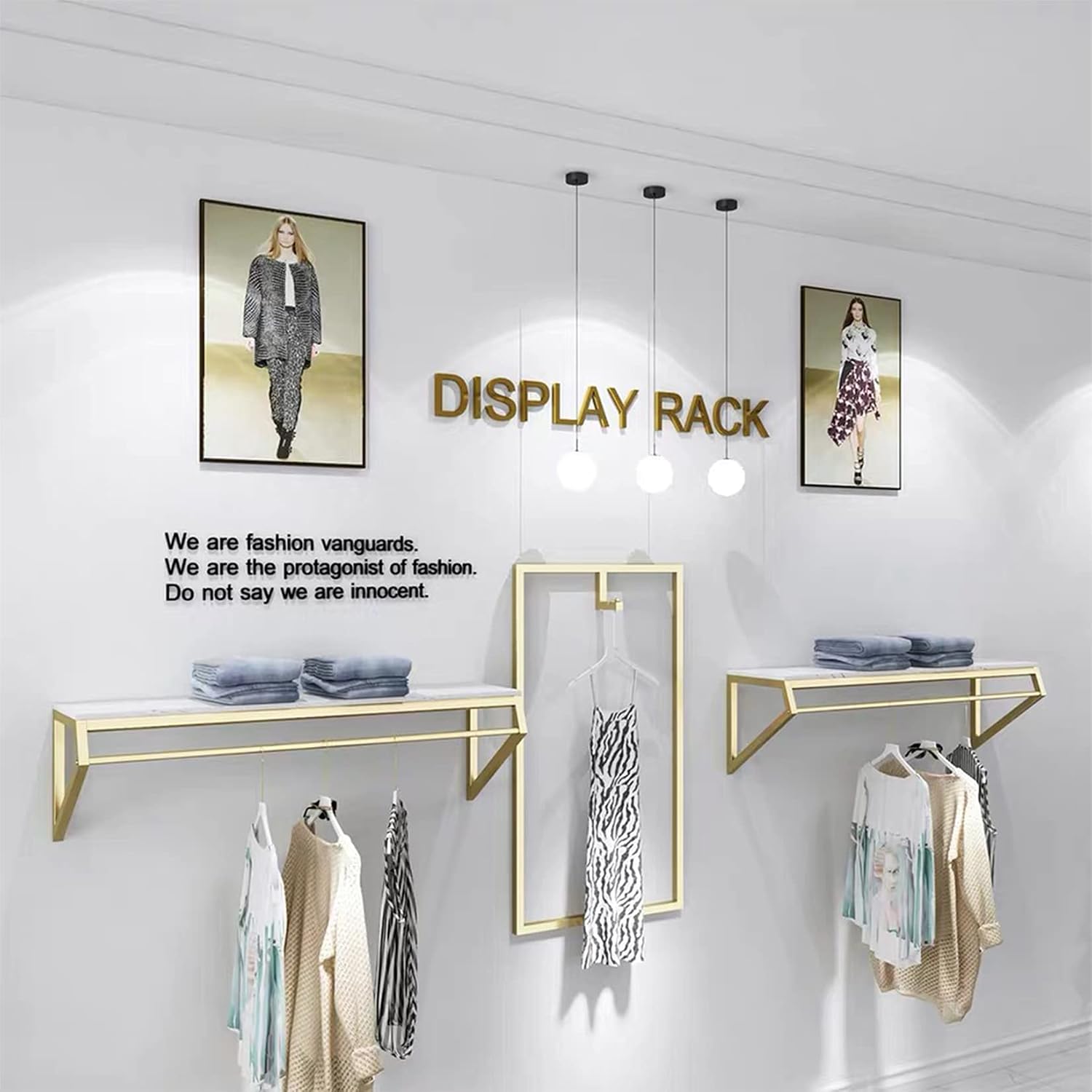 Modern Simple Men's and Women's Clothing Store Heavy Duty Metal Display Shelf,Wall-Mounted Garment Rack with Wood,Clothes Rail,Bathroom Hanging Towel Rack (Gold Square Tube, B-39 L)